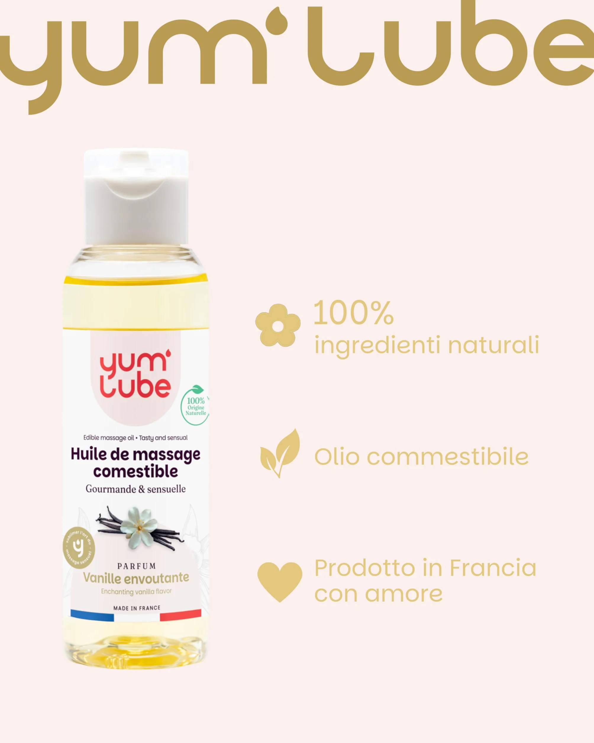 Yum'Lube Olio Massaggio Sensuale Lubrificante Vaniglia Naturale Bio Comestibile Made In France