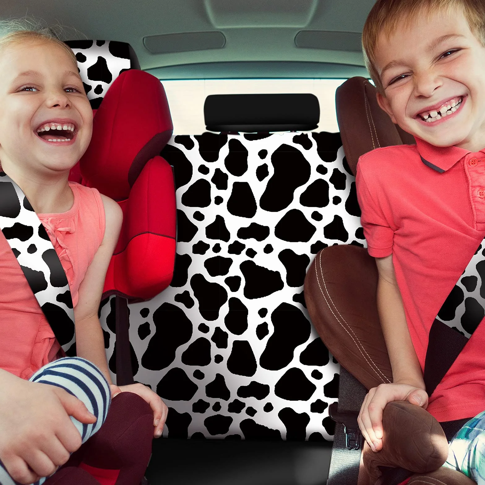 Frienda Set di Accessori per Auto con Stampa di Mucca, per Donne e Uomini, coprivolante per Auto con Stampa di Mucca, Cuscinetti per Cinture di Sicurezza, tappetini per Auto, portabicchieri per Auto,