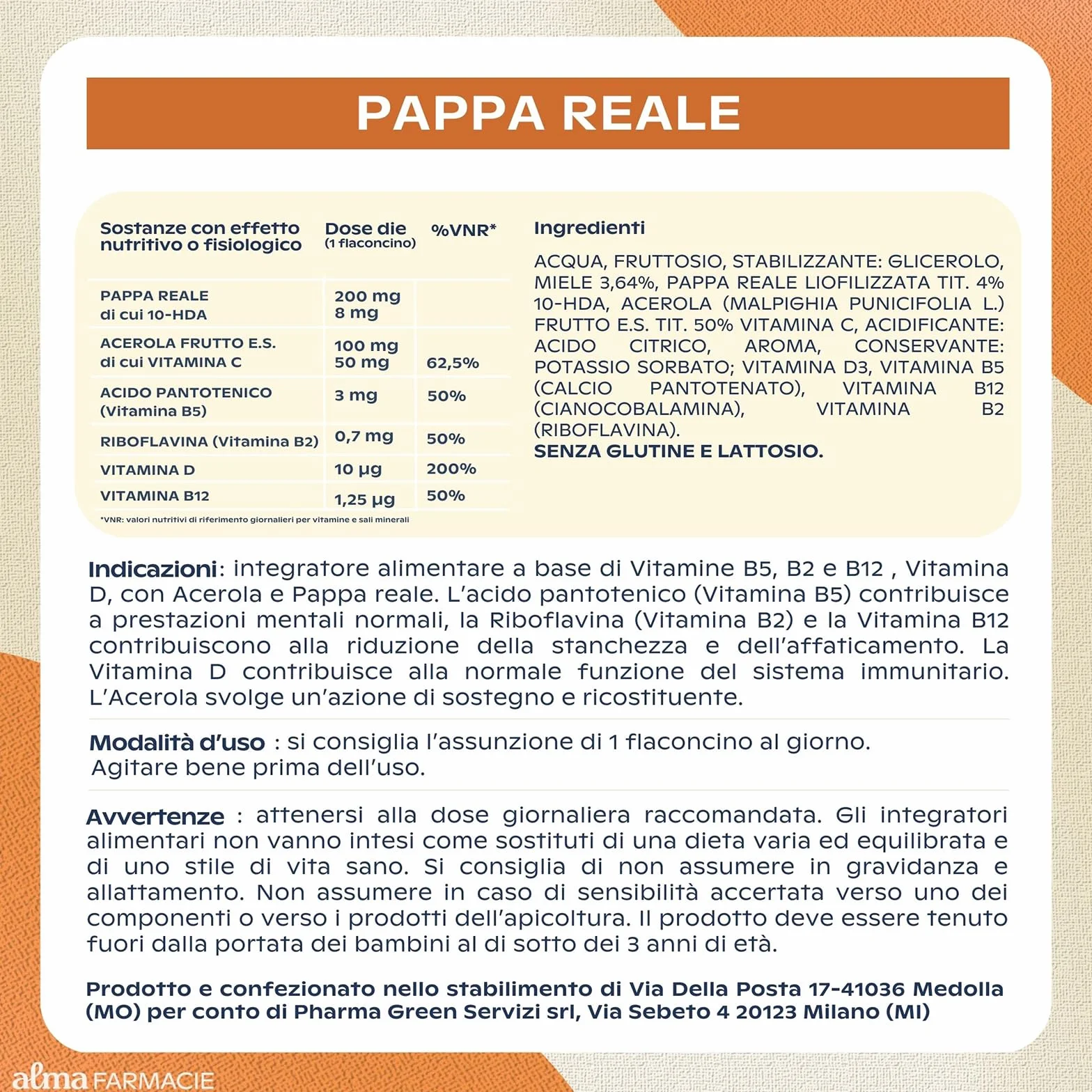 Pappa Reale Alma Farmacie Integratore Ricostituente con Vitamine B2 B5 B12 D e Acerola 12 Flaconcini