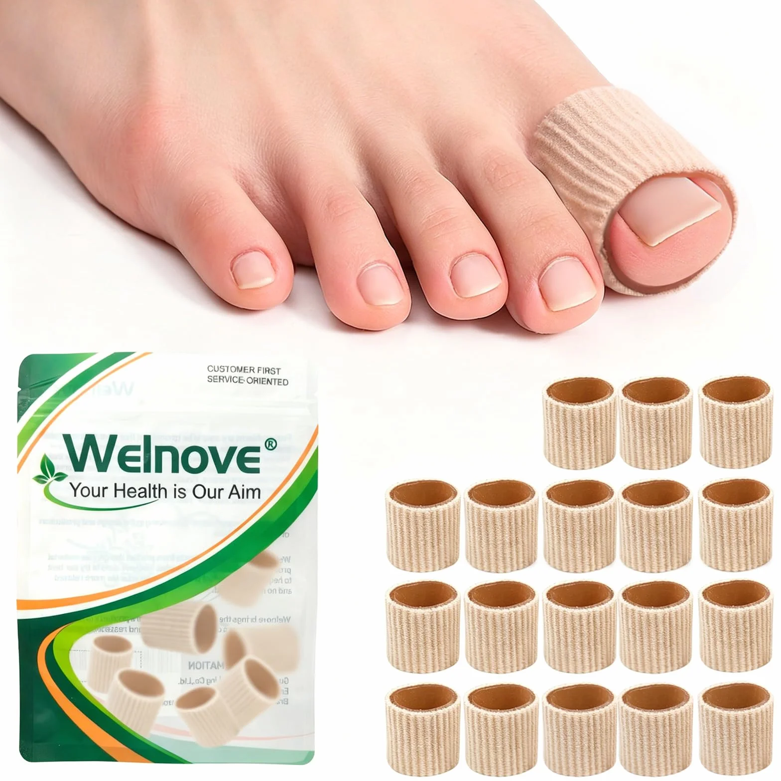 Welnove Toe Cushion Tube Sleeves 18 pezzi protezioni per dita dei piedi calli vesciche duroni taglia grande beige