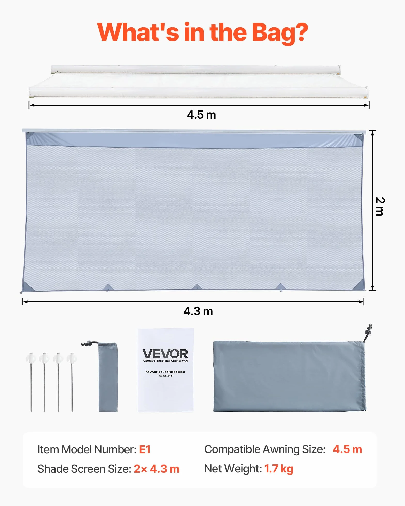 VEVOR Pannello Laterale Frangisole in Poliestere Trasparente Parete Frontale per Camper Roulotte 2x4,3m Compatibile per Tenda da Sole 4,5m