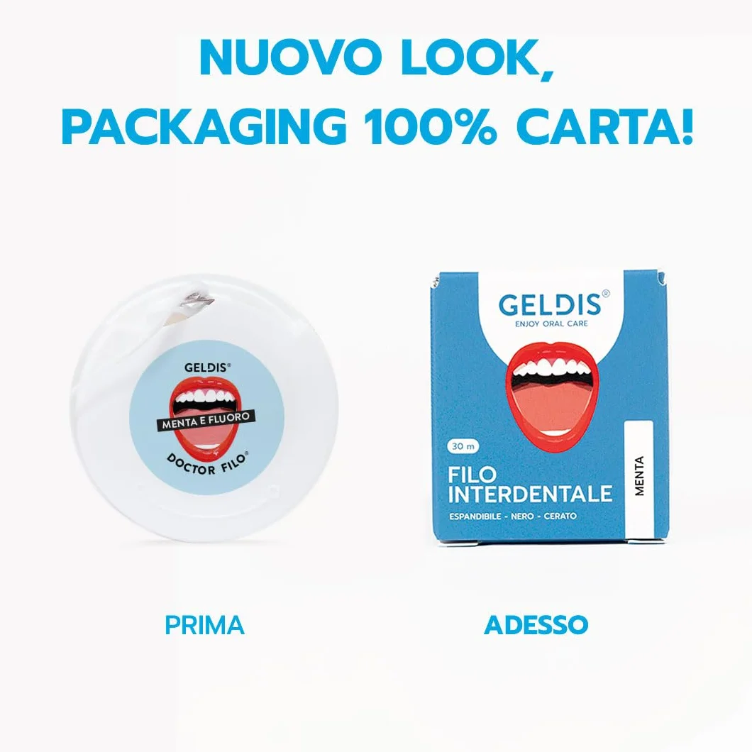 GELDIS Filo Interdentale Espandibile Nero Gusto Menta 30m Senza Plastica