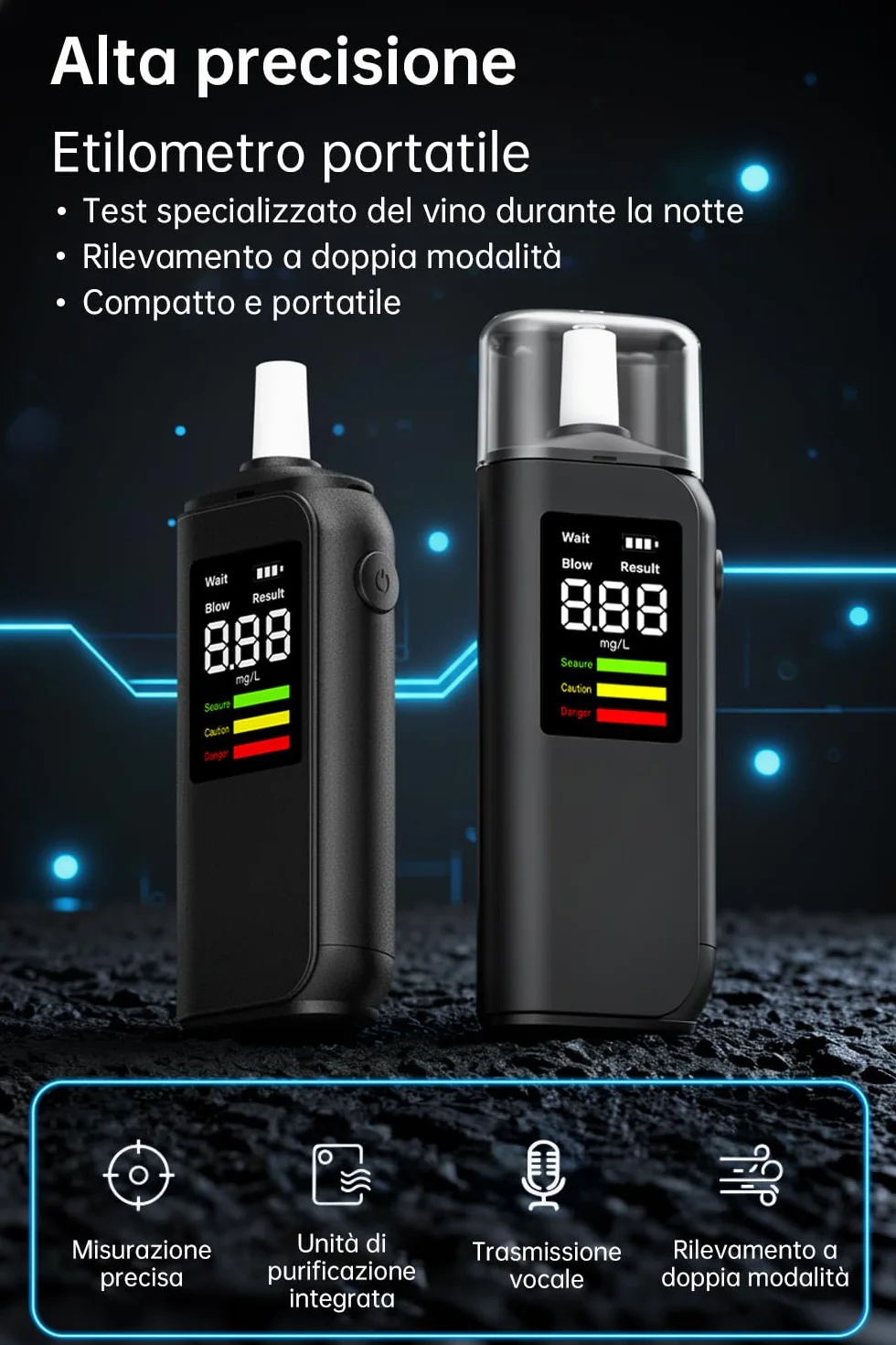 Etilometro Portatile Certificato CE, Alcol Test con Display Schermo LED, Alta precisione, Ricarica Type-C, Due metodi di Prova, con 8 bocchette, per Uso Personale Famiglia e Professionale