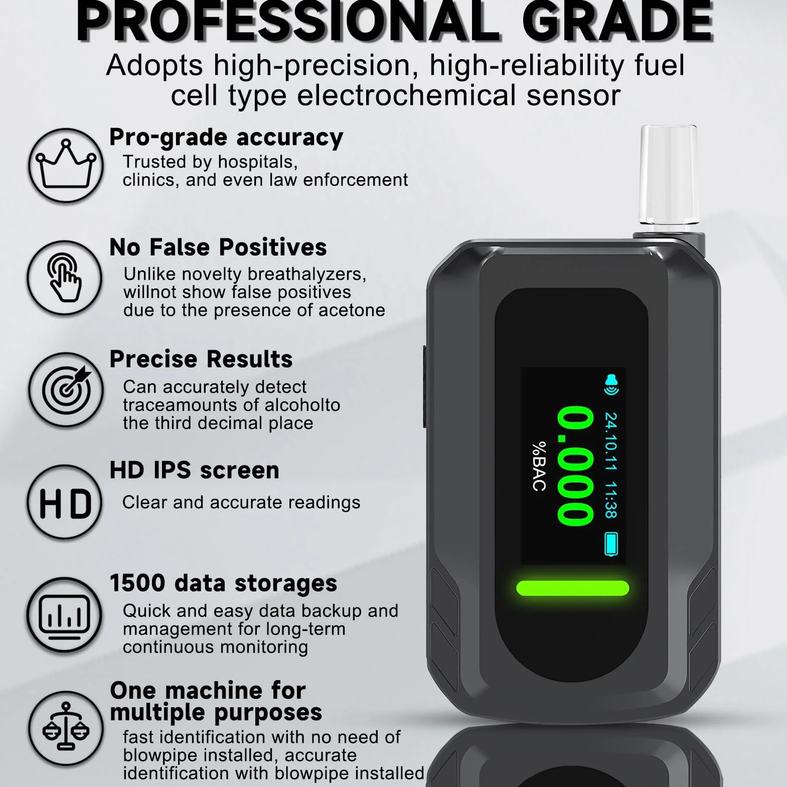 Etilometro Portatile Certificato con Sensore Elettrochimico Ricaricabile USB, Alcol Test Professionale