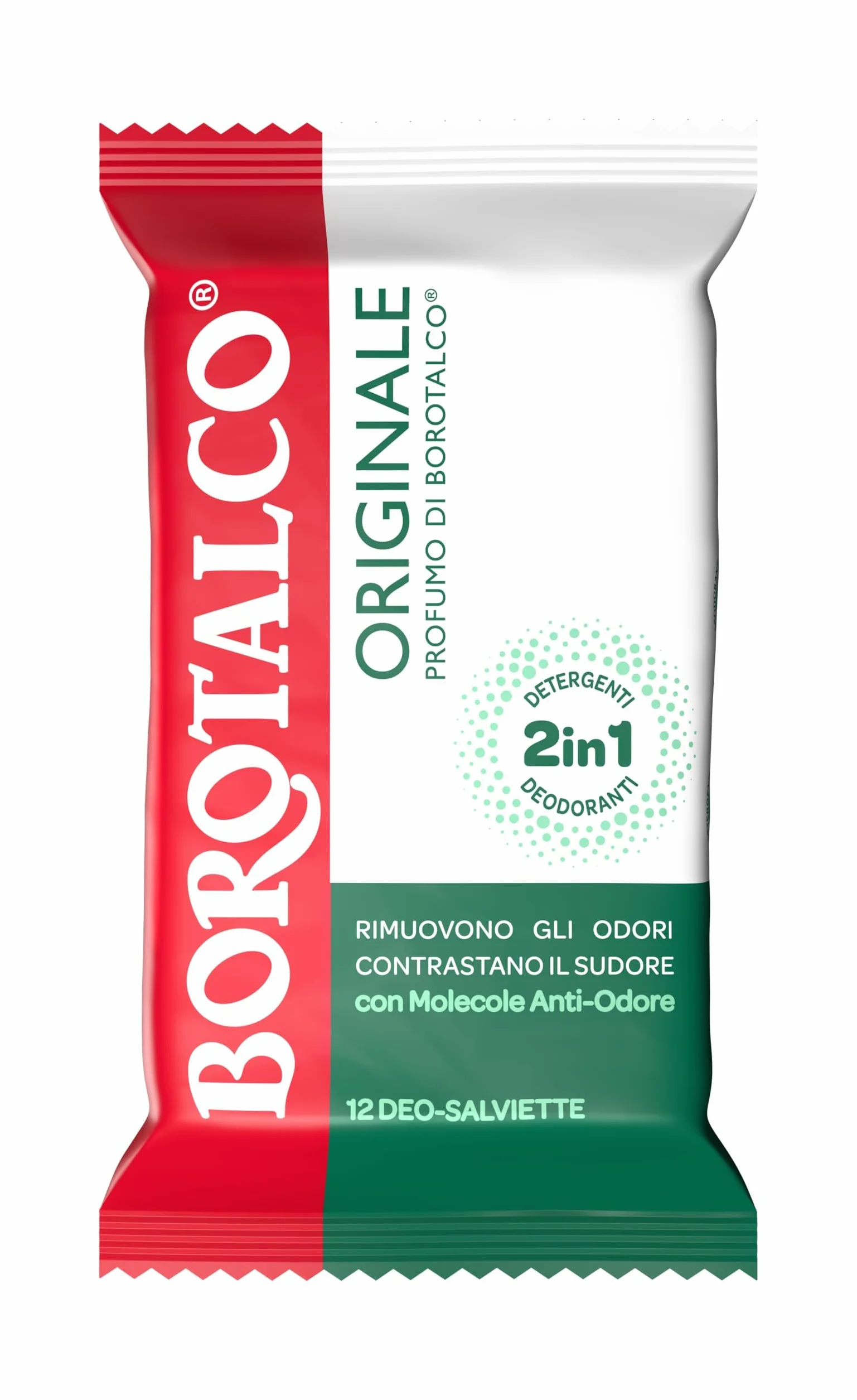 Borotalco Deo-Salviette Originale 2in1 Salviette Deodoranti Detergenti con Molecole Anti-Odore 48h Confezione 12 Pezzi