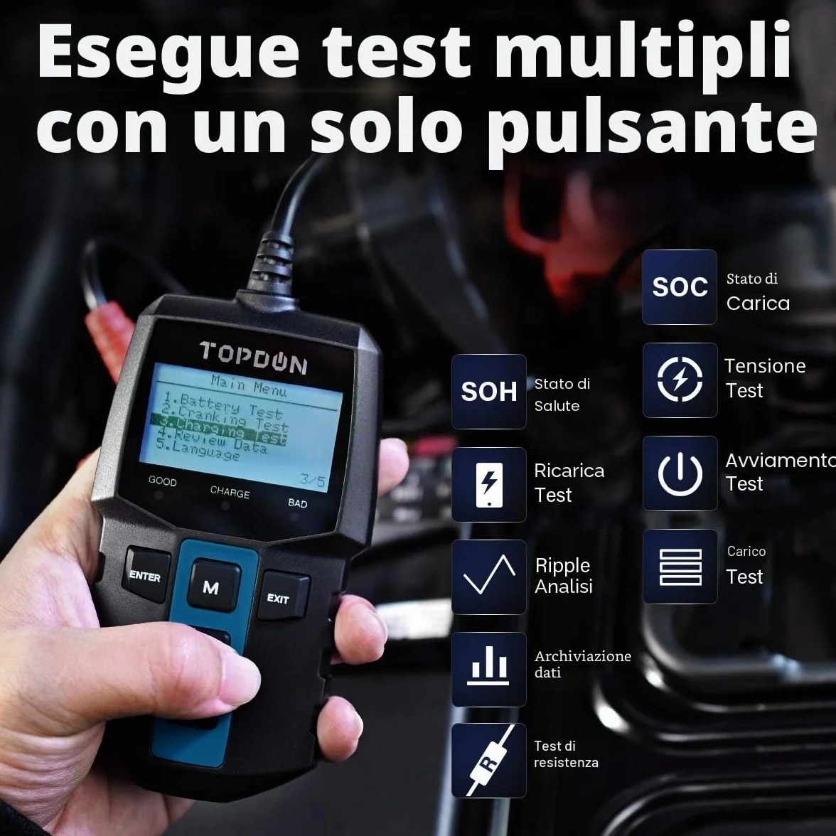 TOPDON BT100 Tester Batteria Auto, 12V 100-2000 CCA Analizzatore Digitale