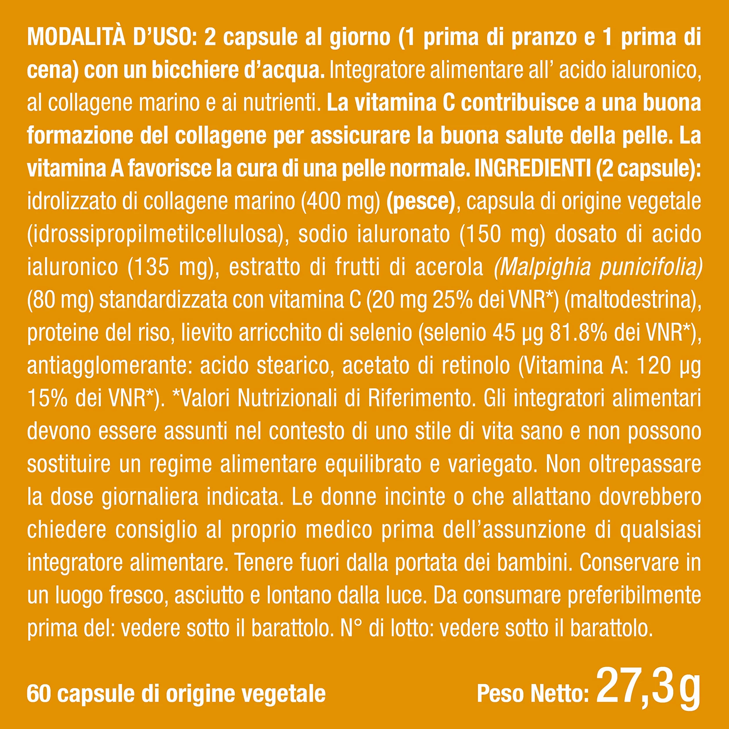 Acido Ialuronico con Collagene Marino Vitamina A C Antirughe Anti-age 60 Capsule