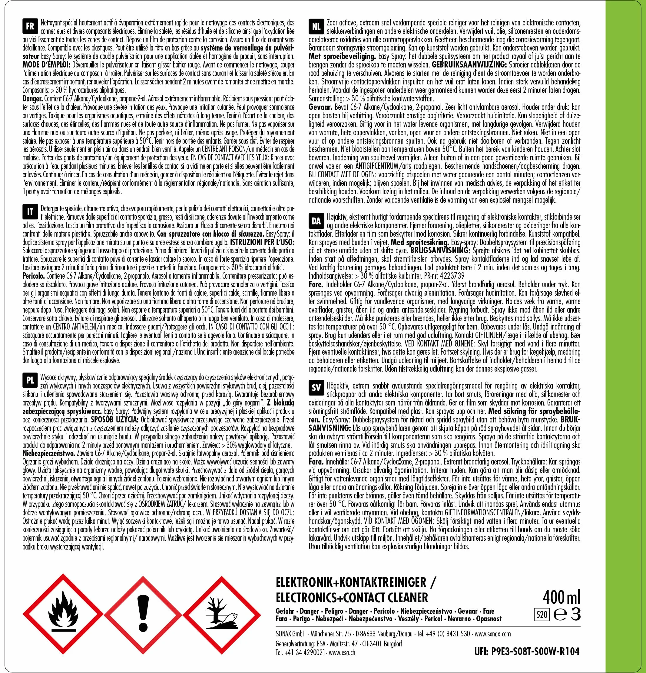SONAX Spray per contatti elettrici (400 ml) pulisce connettori e altre parti elettriche + assicura un eccellente flusso di corrente | Art. N. 04603000