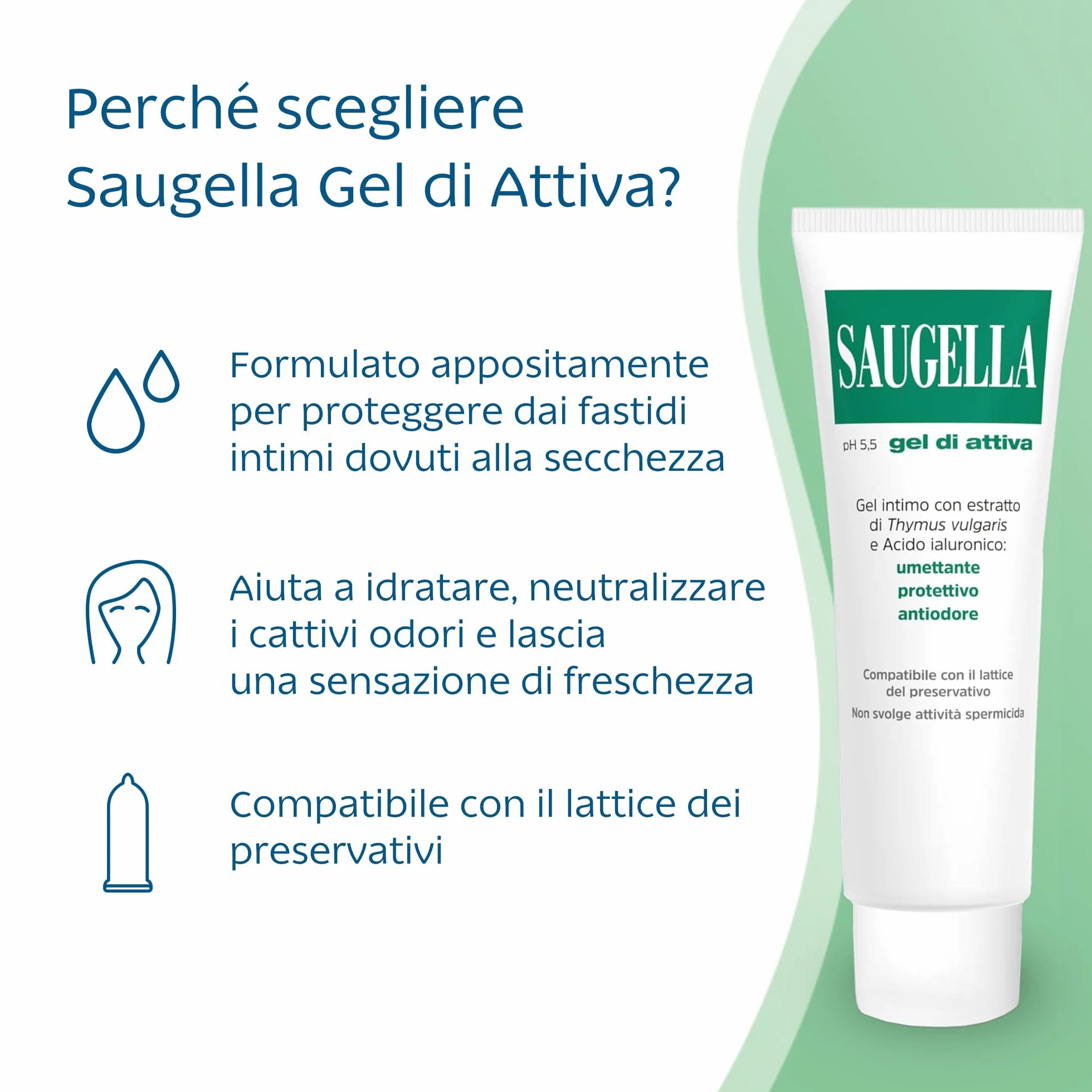 Saugella Attiva Gel Umettante e Protettivo pH 5.5 con Acido Ialuronico e Timo 30 ml