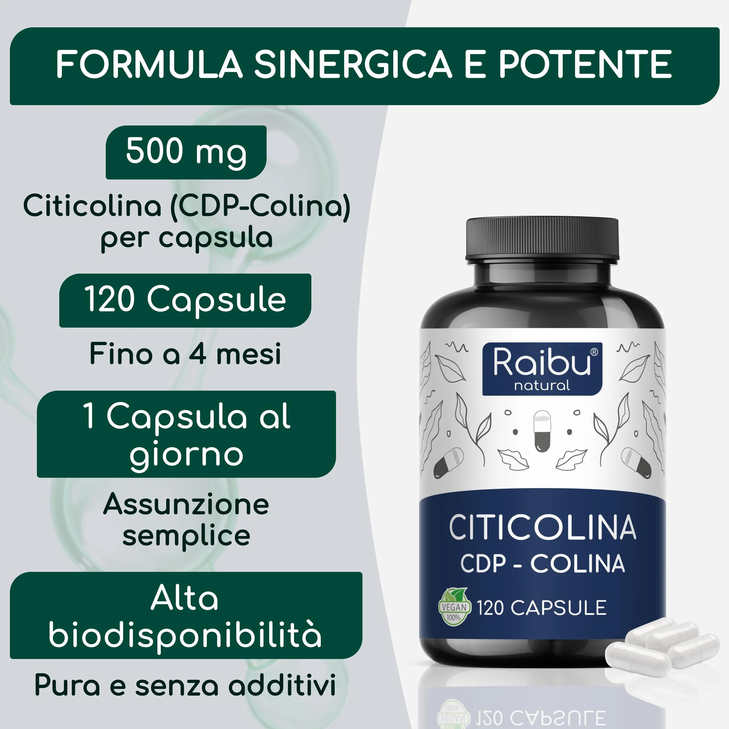 Citicolina 500 mg per Capsula 120 Capsule - CDP-Colina Pura Memoria Concentrazione Funzione Cellulare Vegano