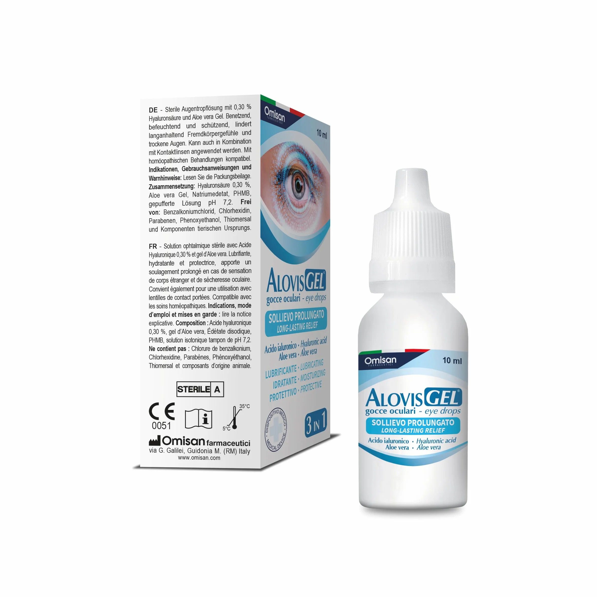AlovisGel Liquid-Gel 3in1 Collirio Sterile Lubrificante Idratante Rinfrescante per Occhi Secchi con Acido Ialuronico e Aloe Vera 10 ml