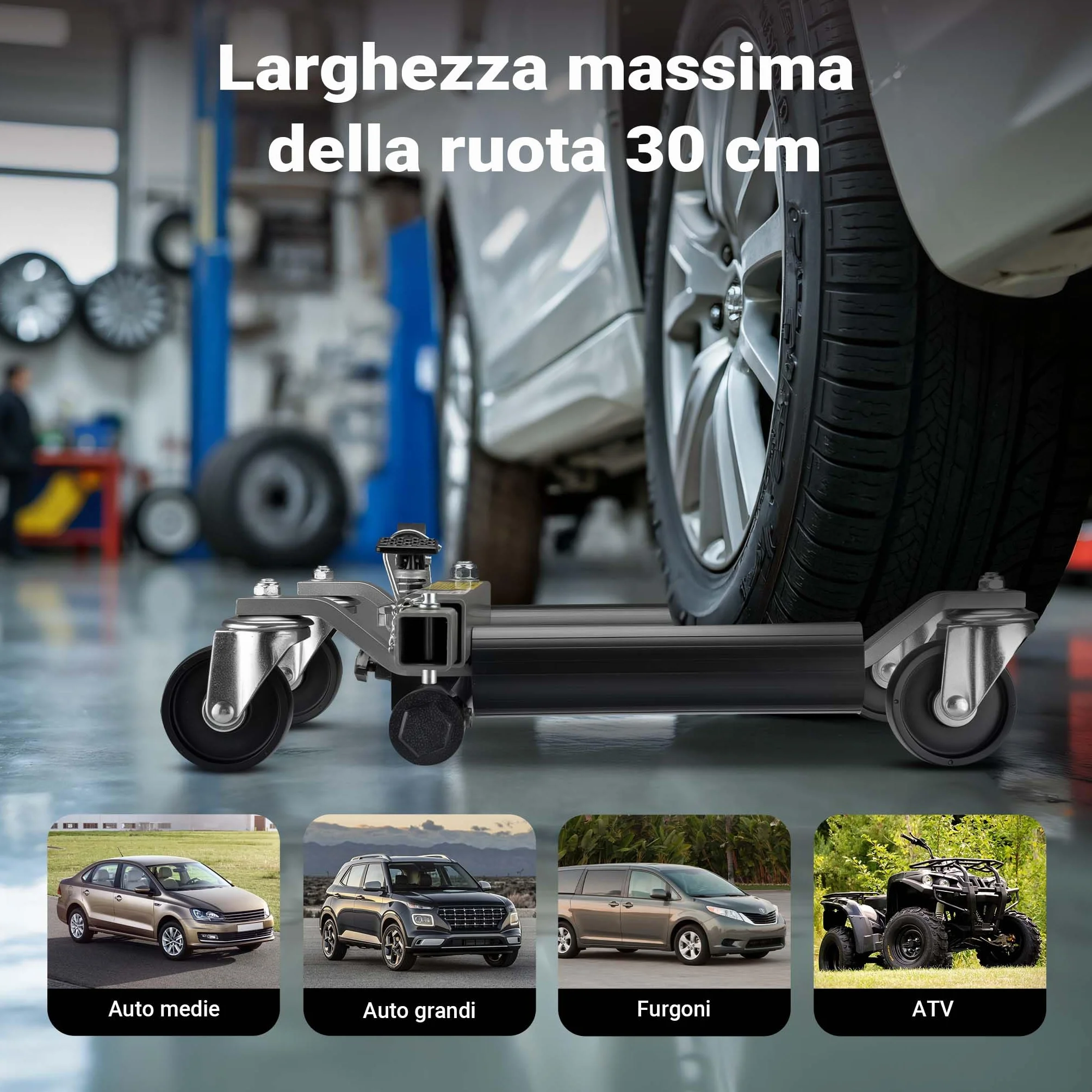 Carrelli sposta auto con cric idraulico 2x 680kg Per pneumatici larghi max 30cm Nero