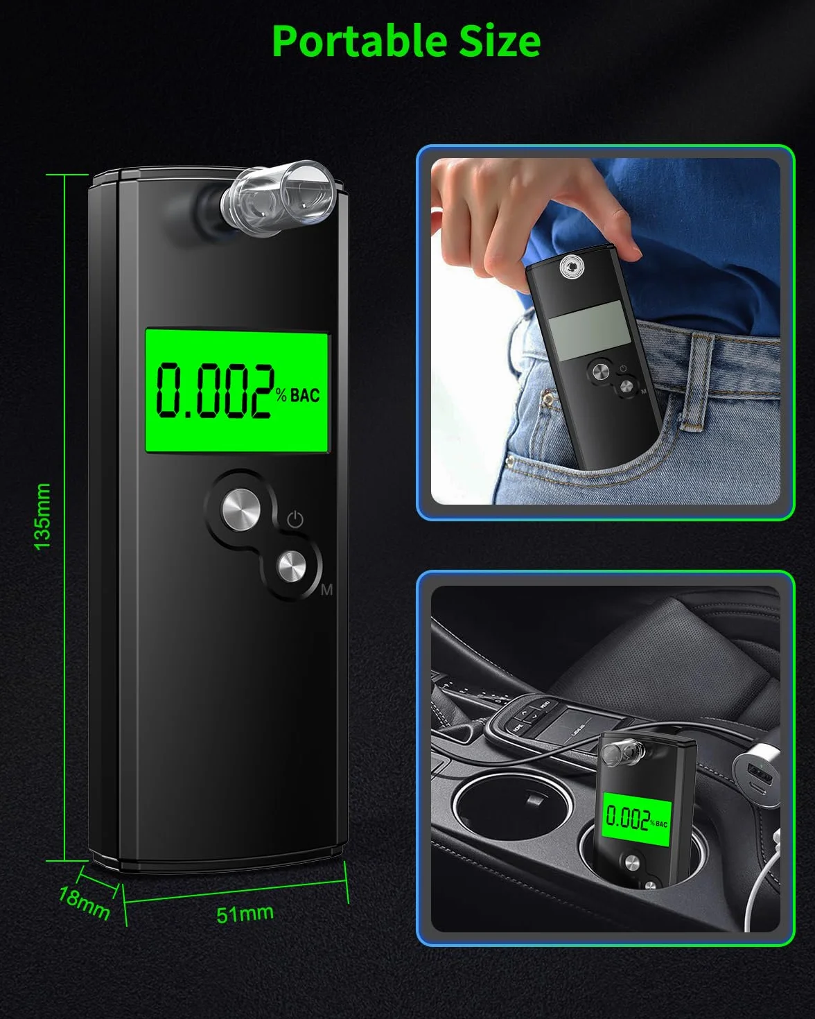 Etilometro Portatile Certificato, Alcolometro ad Alta Precisione con 10 Bocchini, Alcol Test Professionale con Display LCD Digitale, Test Alcolemico Portatile (Nero)