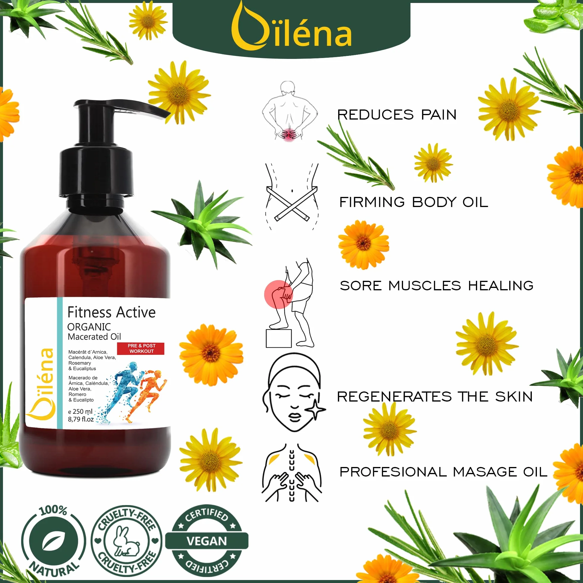 Olio Massaggio Muscolare 250ml Professionale Aloe Vera Calendula Rosmarino Eucalipto Pre-Post Allenamento