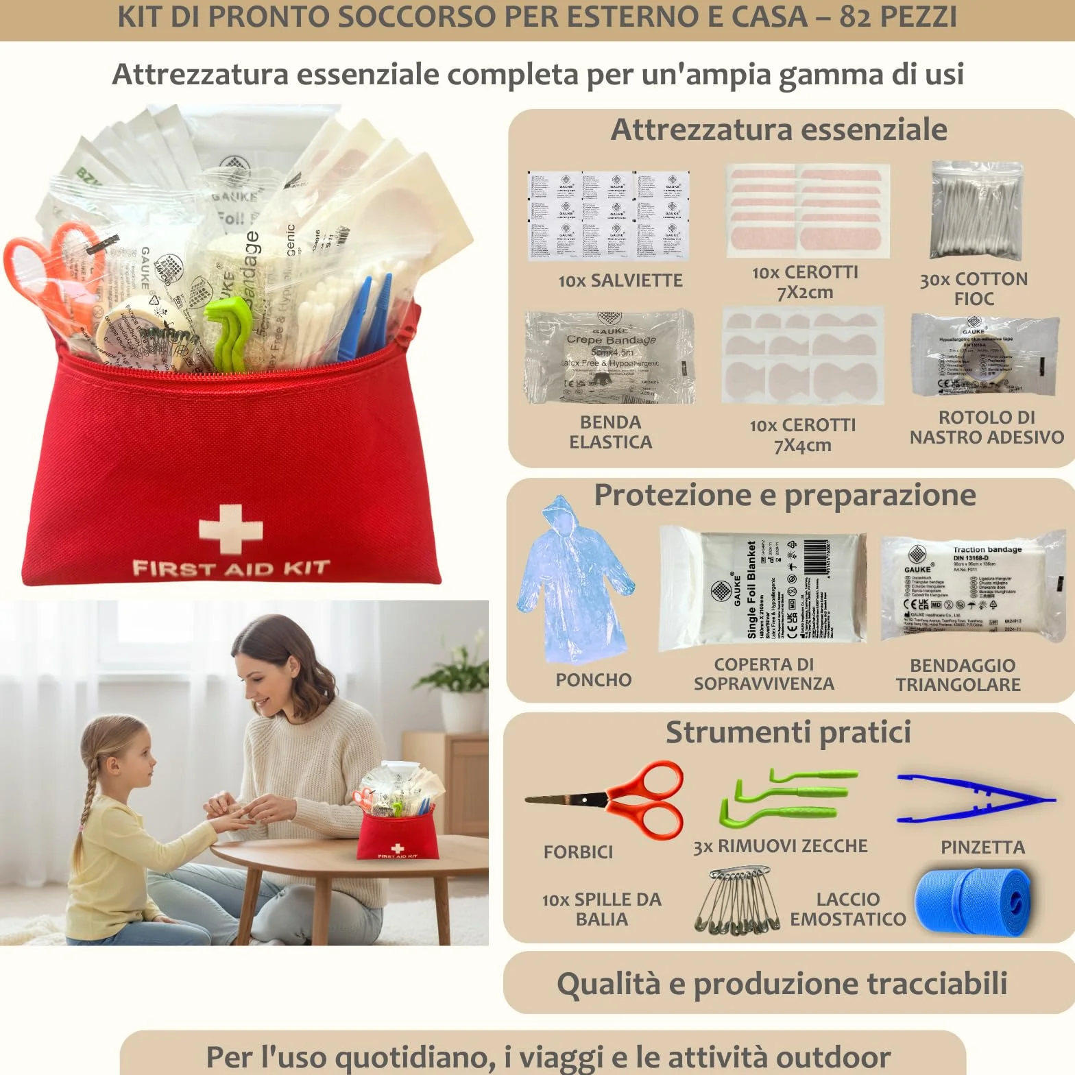 Kit Sopravvivenza & Primo Soccorso – Kit di Emergenza con 16 Strumenti Multifunzione e Più di 60 Articoli di Primo Soccorso – Ideale per Auto, Trekking, Campeggio & Scout – Robusto & Completo