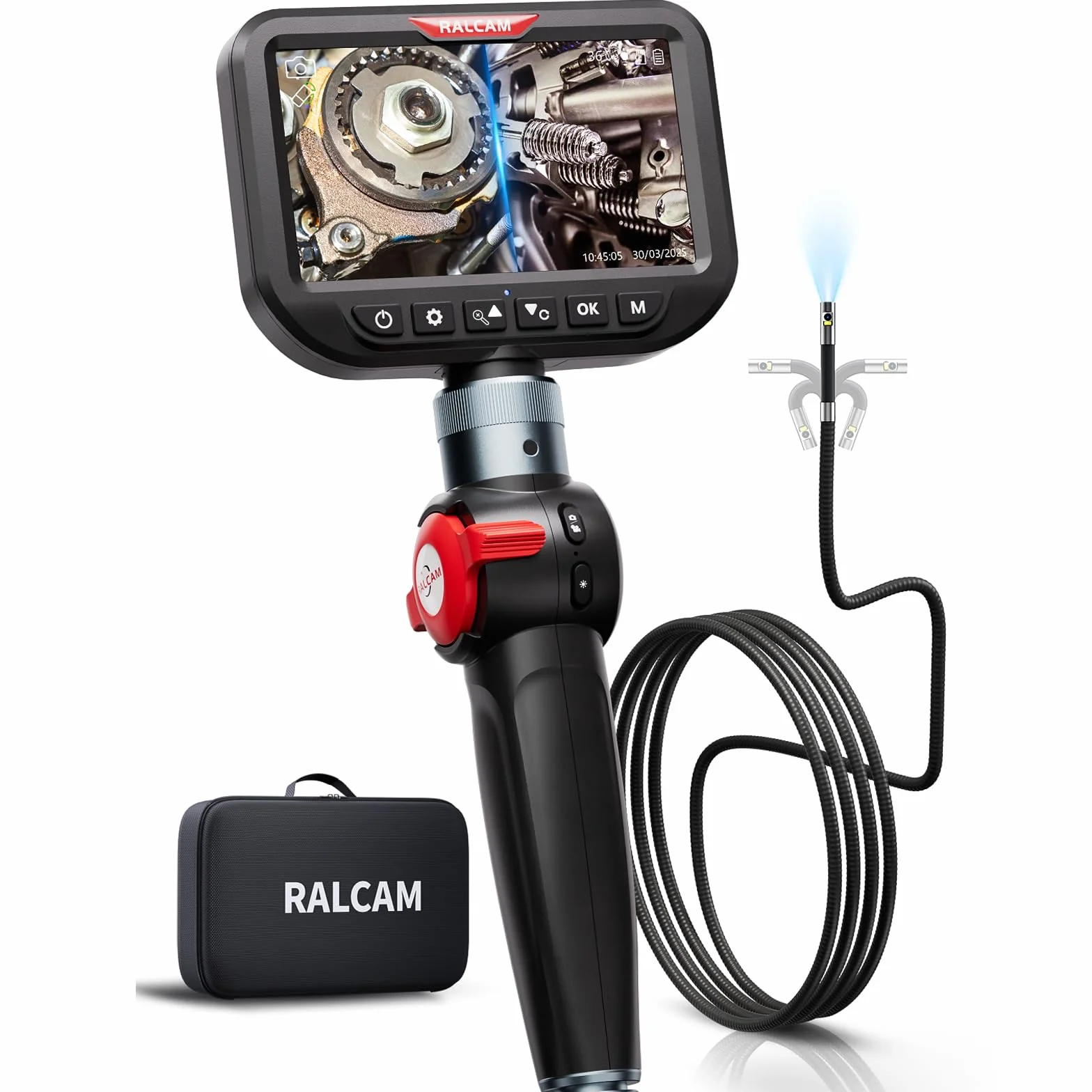 Ralcam Telecamera Endoscopica Borescopio Doppio 6,5 mm Testa Mobile 180° Schermo HD IPS 5" Impermeabile IP67 Cavo Semirigido 1,5 m