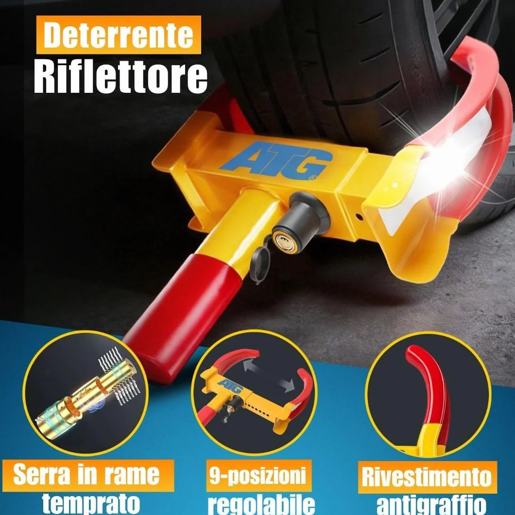 ATG Bloccaruota Auto e Rimorchio – Antifurto Meccanico Universale Ganascia Bloccaruota per Auto, Camper, Caravan, Moto – 18–28 cm