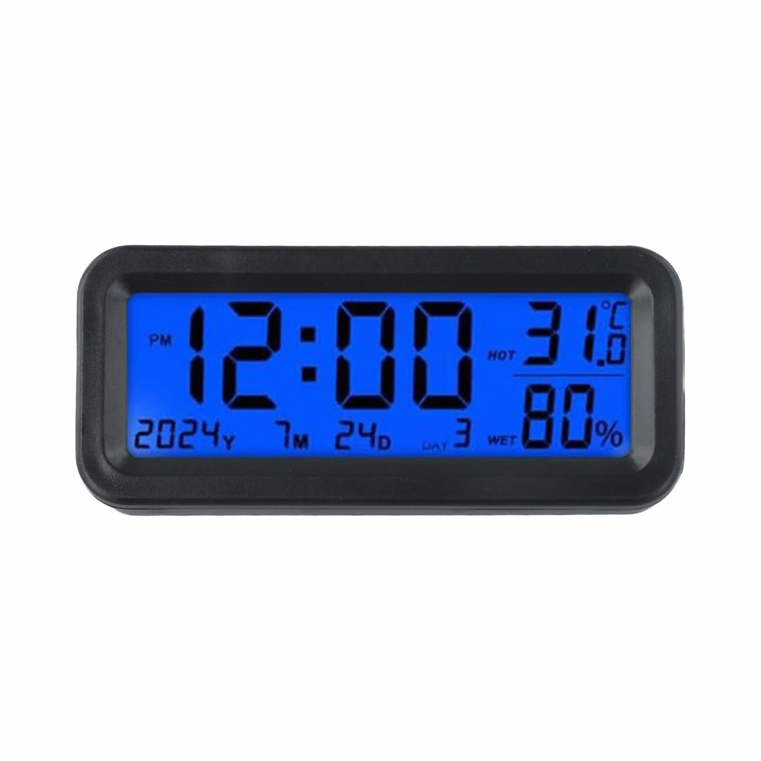 Mini orologio digitale a energia solare per cruscotto dell'auto con visualizzazione di data, temperatura e umidità, retroilluminazione automatica, ricarica solare, misurazione precisa dell'ora, blu