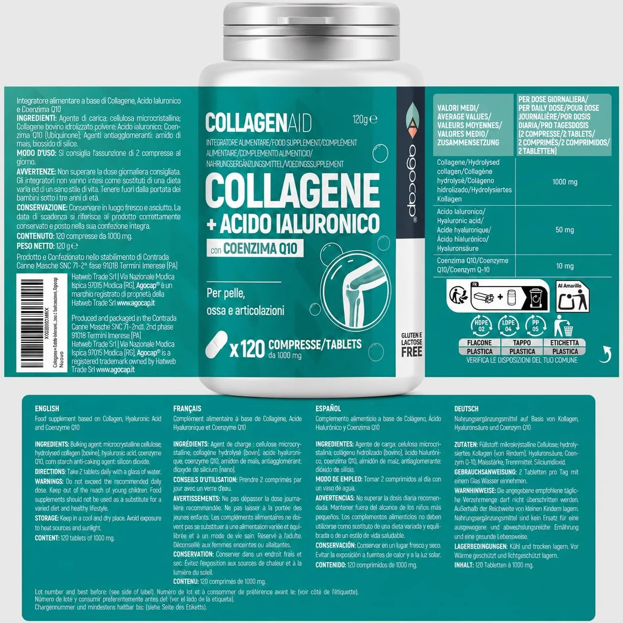 Collagene e Acido Ialuronico 120 Compresse con Coenzima Q10 1000mg Integratore