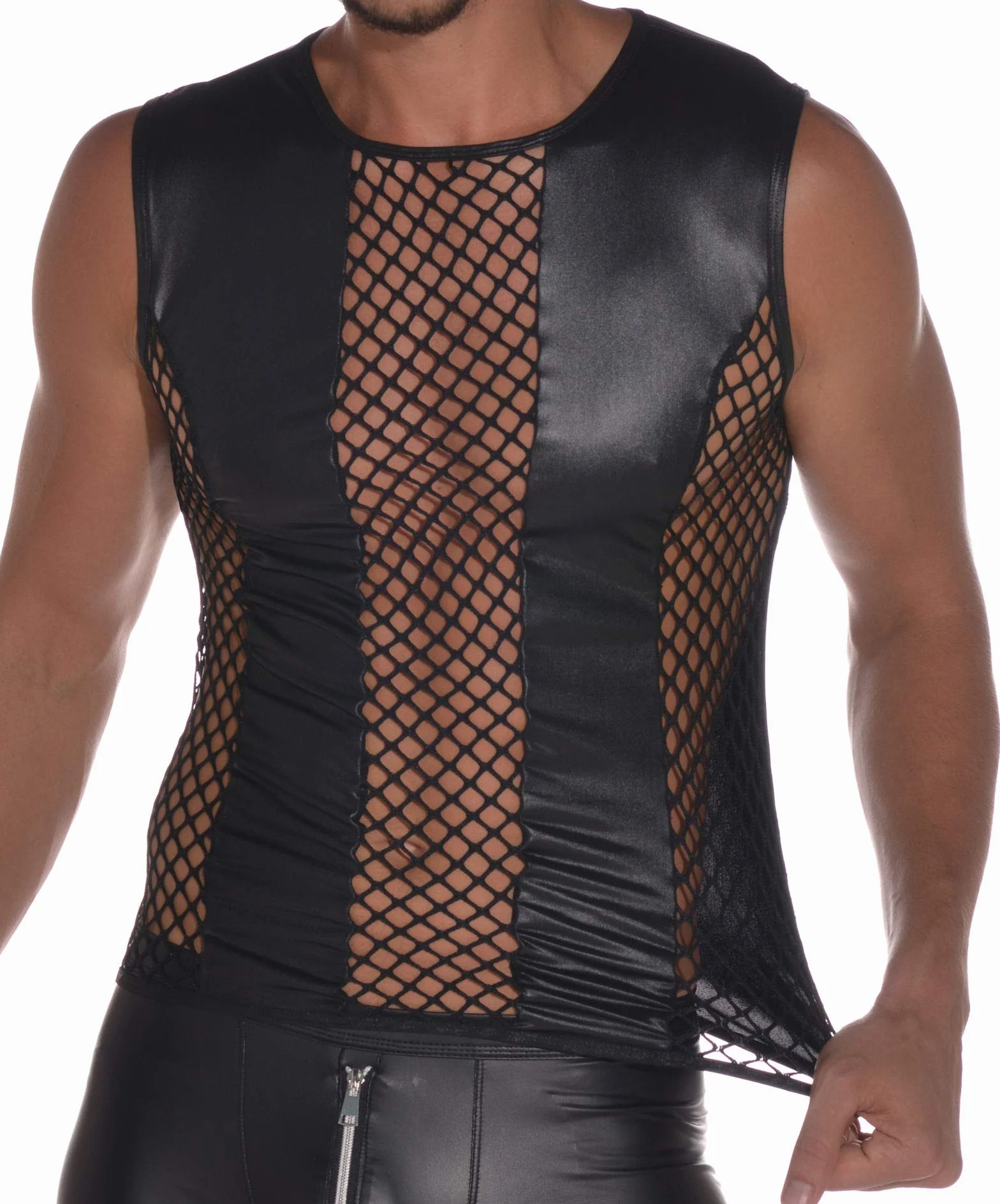 Top uomo lattice maniche inserti rete maglia larga Nero S