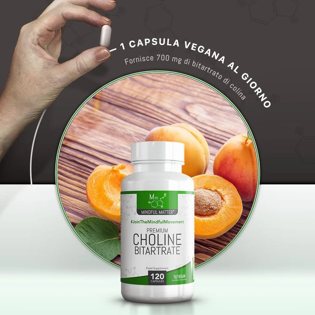 Colina Bitartrato 700mg Capsule - 120 Integratore Cholina Non-OGM Senza Glutine