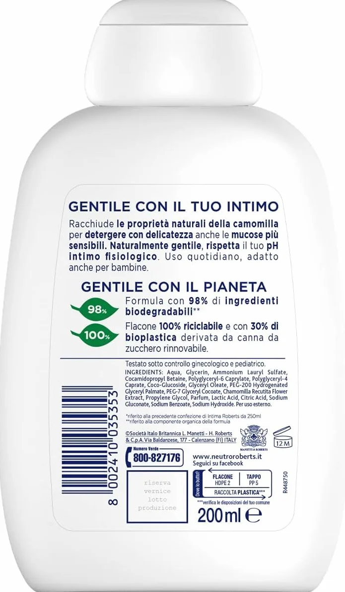 Neutro Roberts Detergente Intimo Delicato con Camomilla 100% Naturale per Pelli Sensibili 4x200 ml