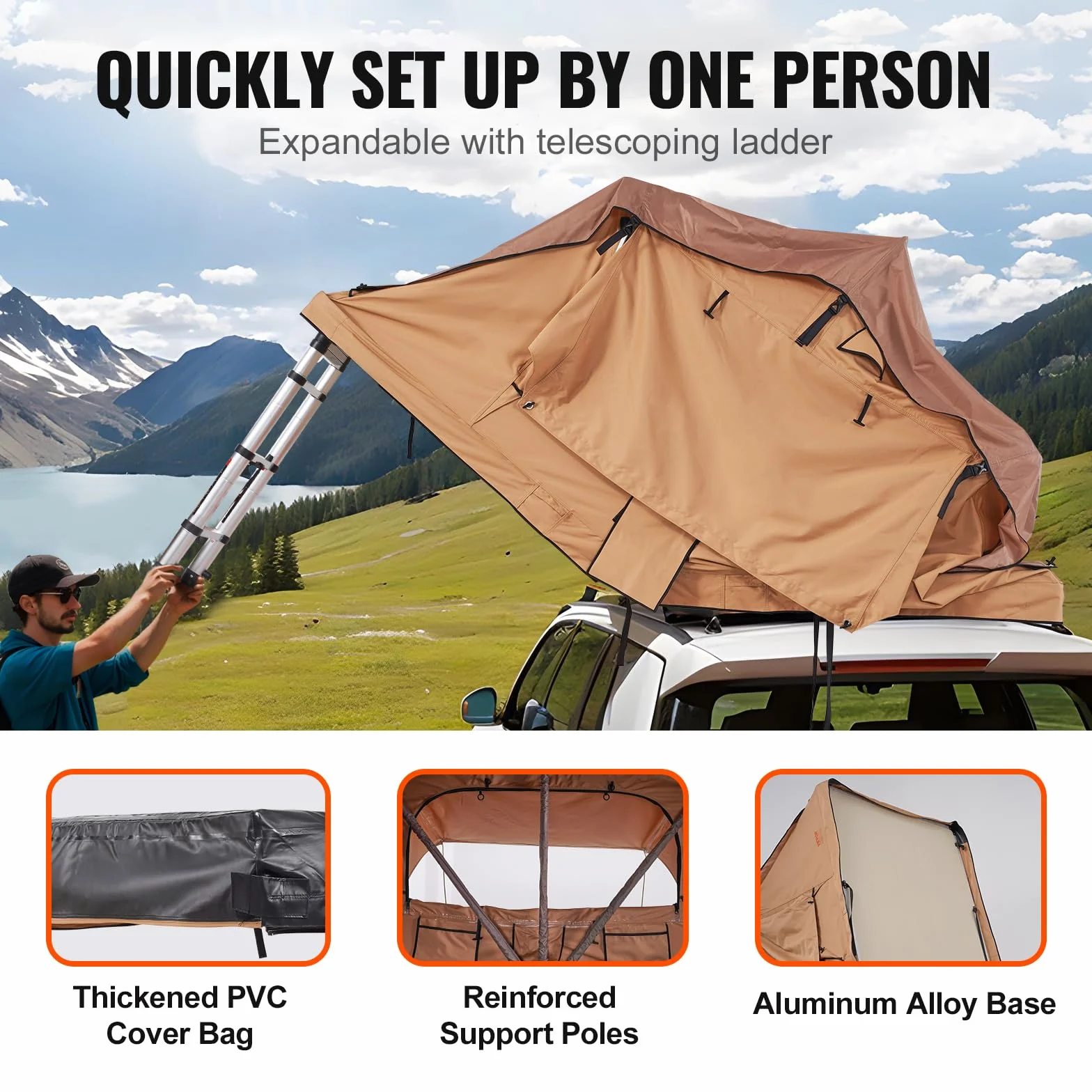 VEVOR Tenda da Tetto Rigida Naturnest Pieghevole 2-3 Persone Impermeabile con Scala Telescopica e Materasso