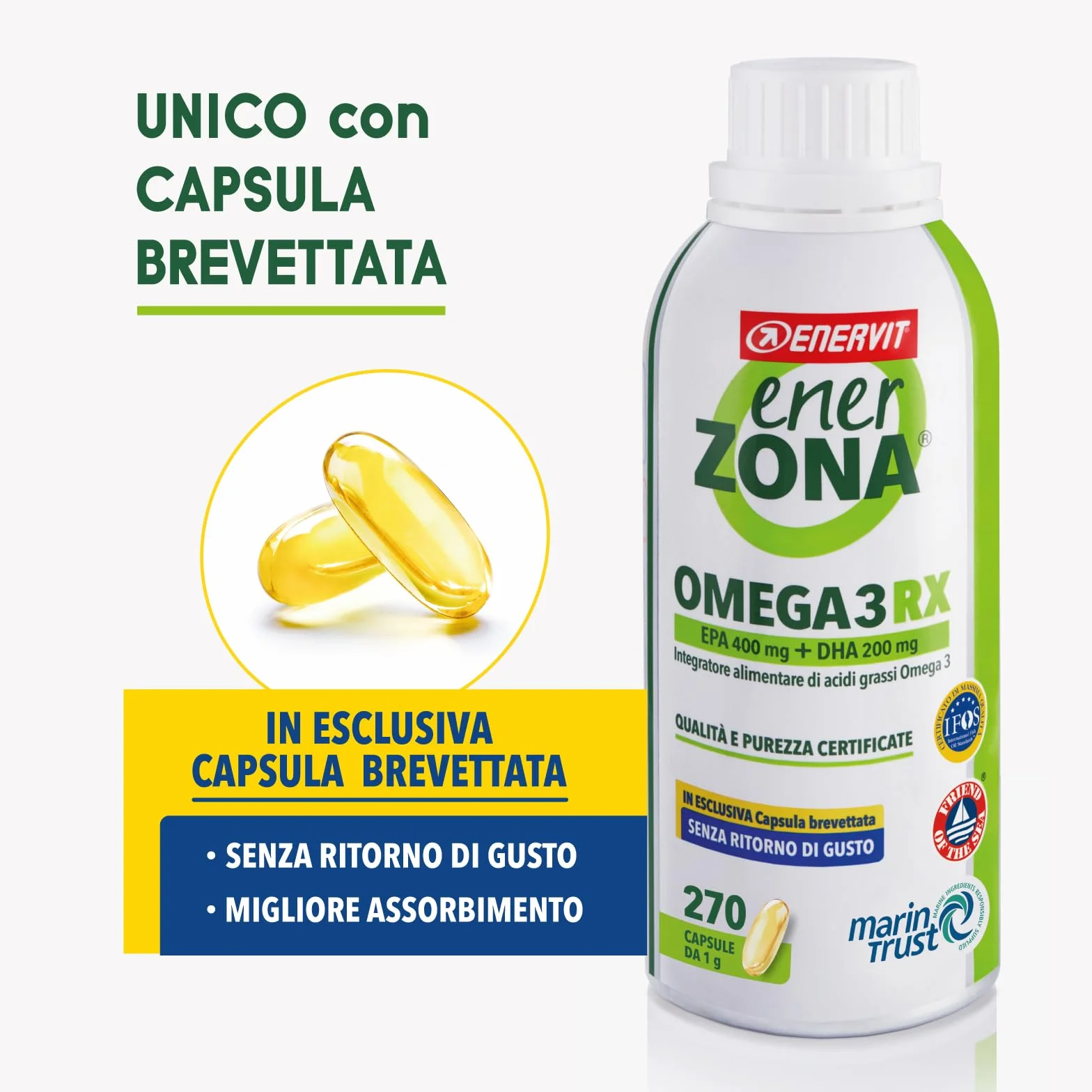 Enervit Enerzona Omega 3 RX 270 Capsule 1g Integratore Omega 3 IFOS Acidi Grassi Cuore Vista Cervello Olio di Pesce 1000mg Senza Glutine