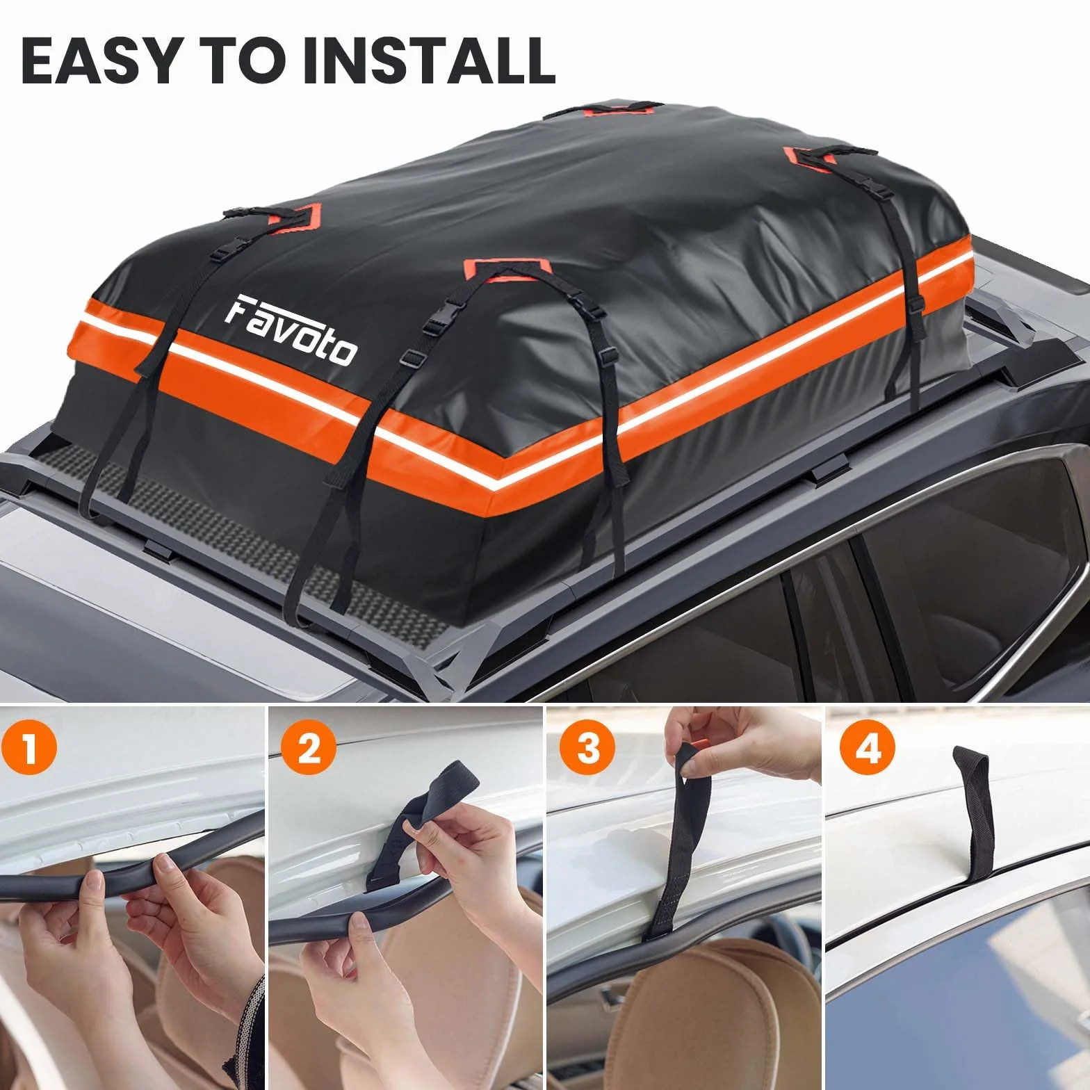 Favoto Borsa da Tetto Auto Impermeabile 425L Pieghevole Portapacchi con Tappetino Antiscivolo Arancione