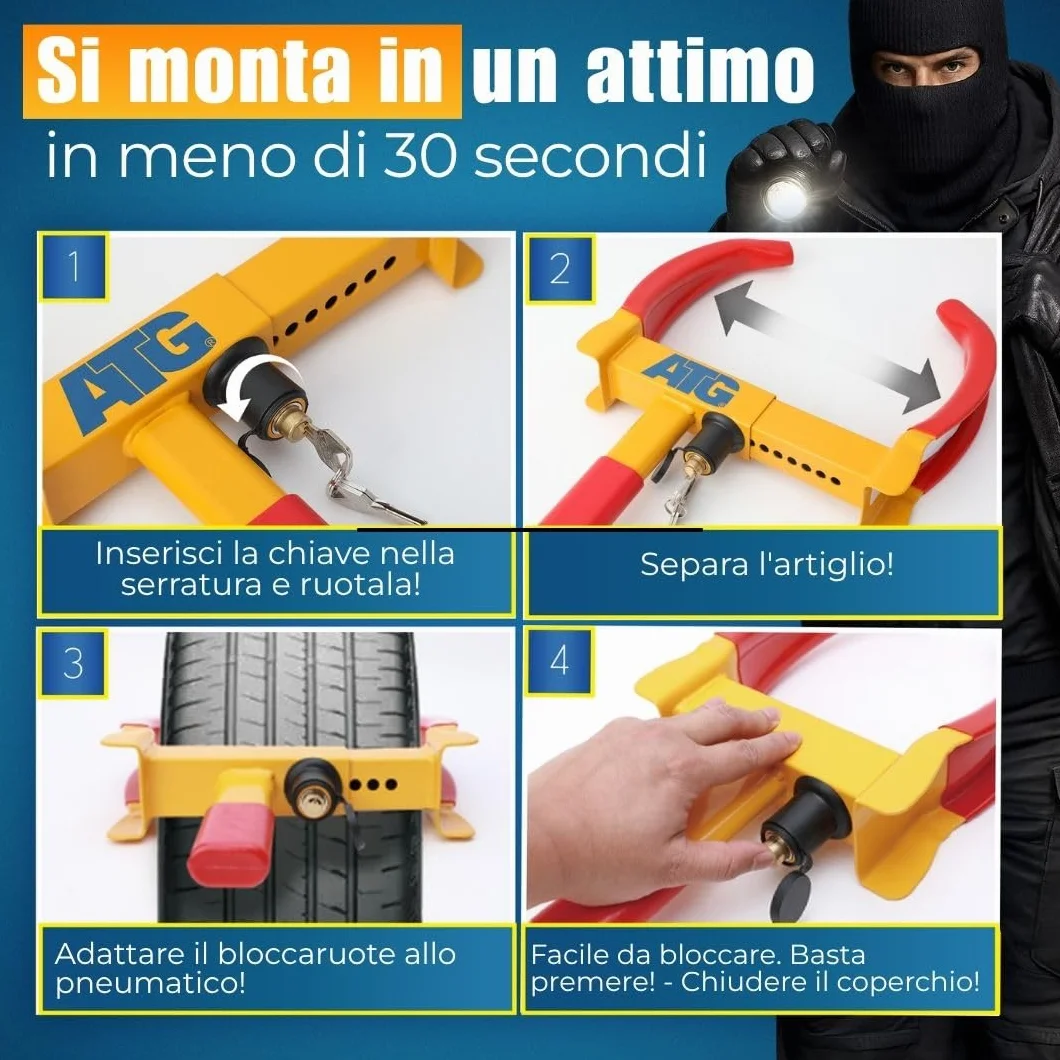 ATG Bloccaruota Auto e Rimorchio – Antifurto Meccanico Universale Ganascia Bloccaruota per Auto, Camper, Caravan, Moto – 18–28 cm
