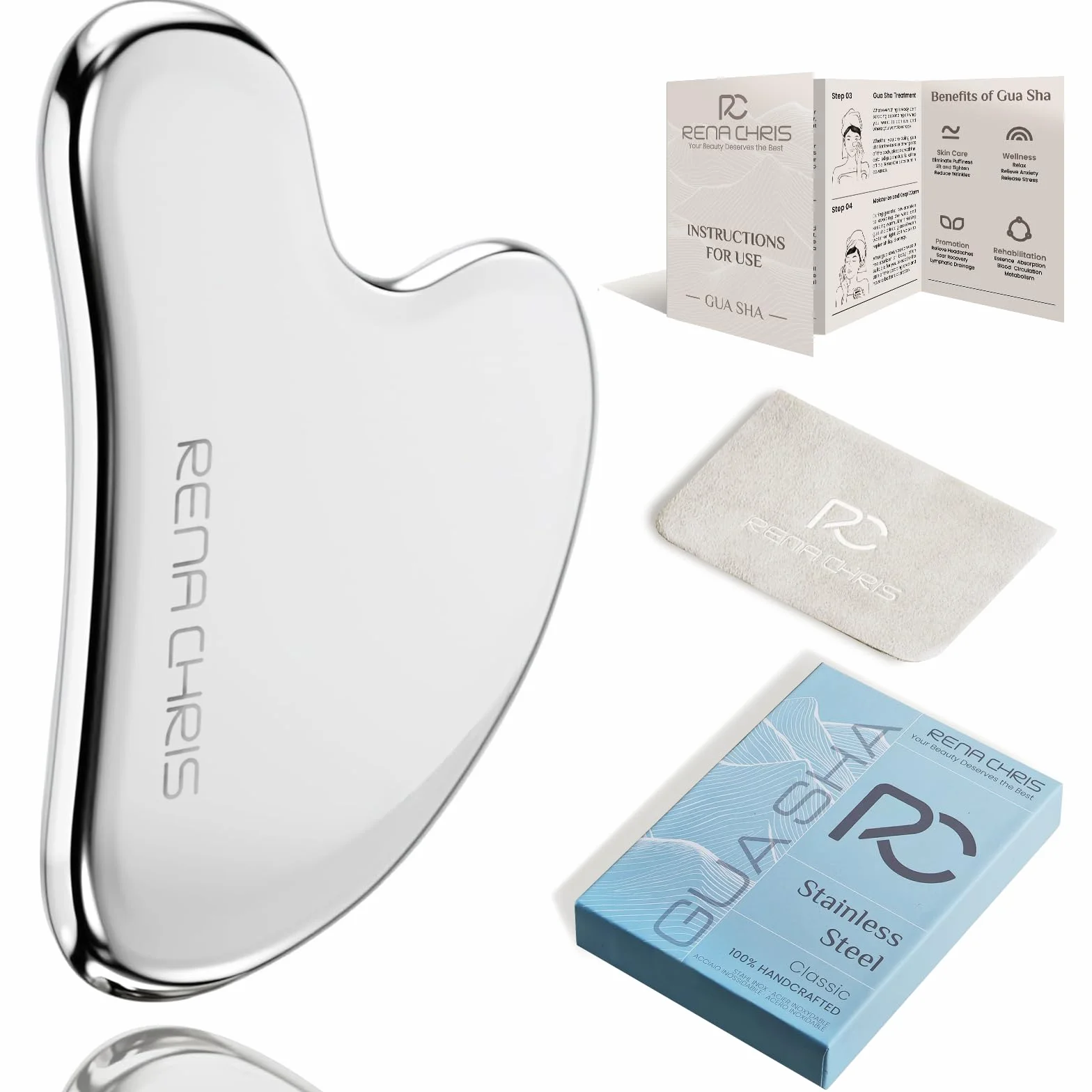 Rena Chris Gua Sha Viso Acciaio Inox per Scolpire il Mento Ridurre Gonfiore Argento