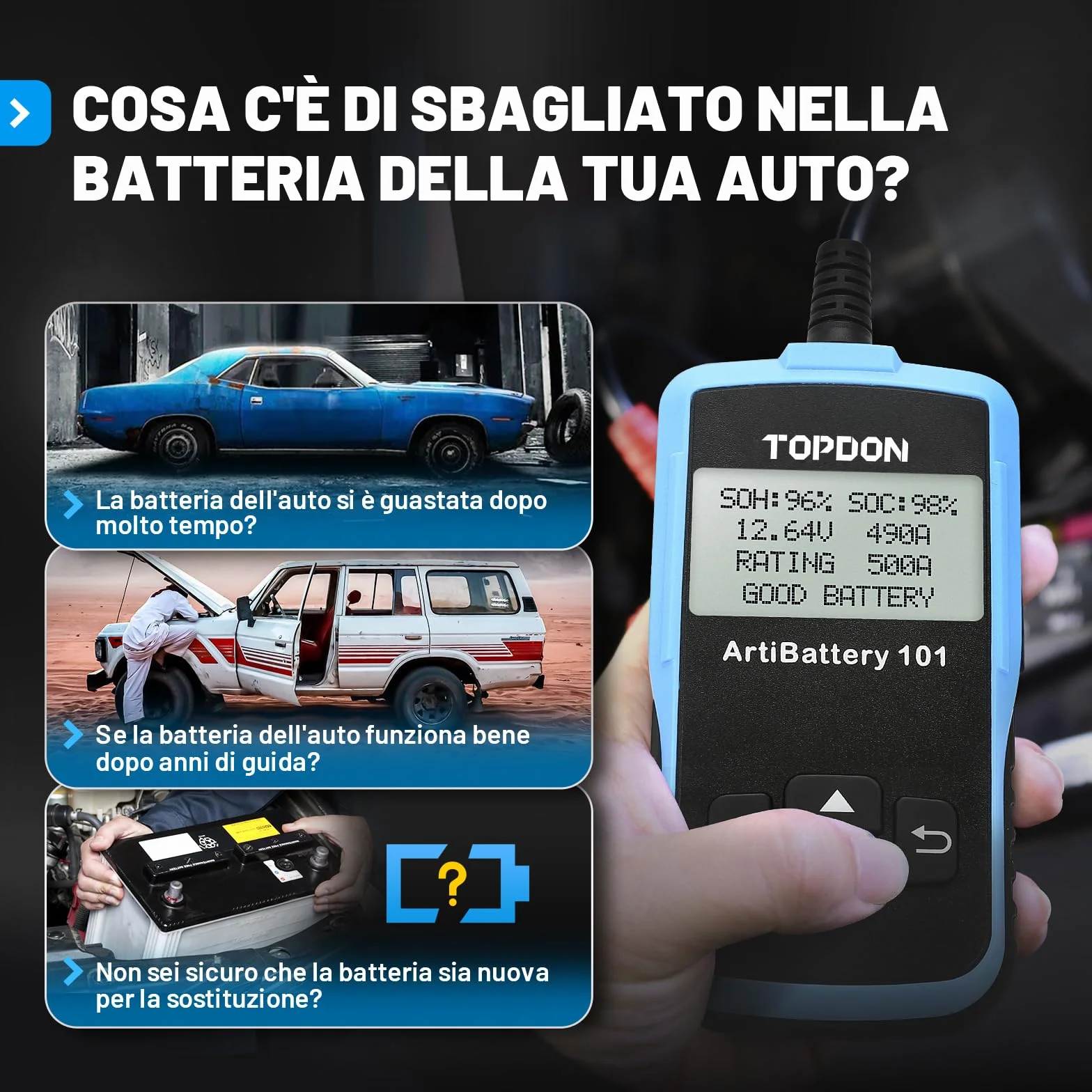 TOPDON ArtiBattery AB101 Tester Batteria 12V Analizzatore Digitale 100-2000 CCA Alternatore Strumento di Scansione Sistema di Avviamento e Ricarica per Auto SUV e Camion Leggeri