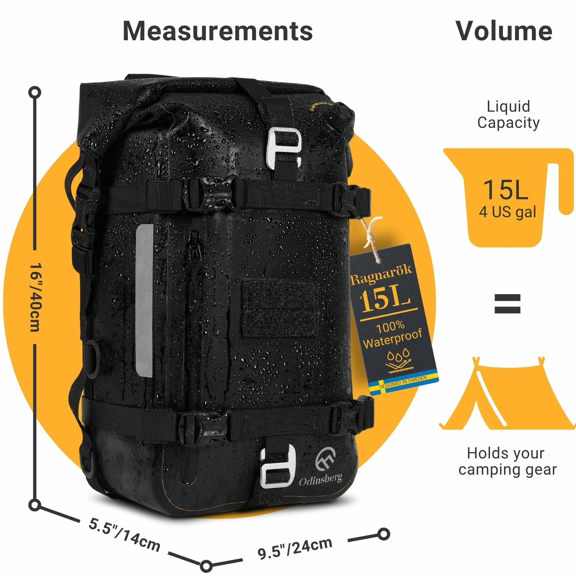 Odinsberg Borsa Impermeabile Moto 15L | Borsa Posteriore Sella Laterale Paramotore | Drybag Rullo Portapacchi Enduro Bici