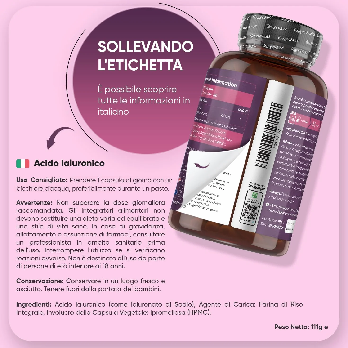 Acido Ialuronico Vegano 600mg 120 Capsule Integratore Sodio Ialuronato 500-700 kDa