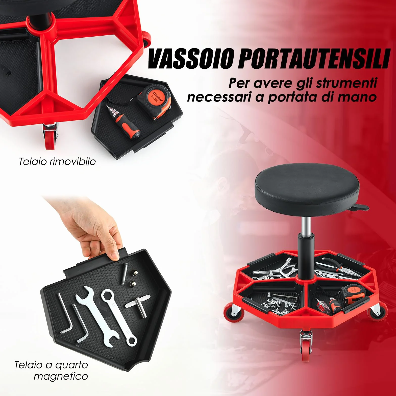 COSTWAY Sgabello da Officina con Ruote, 150 kg, Altezza Regolabile, Girevole, Rosso