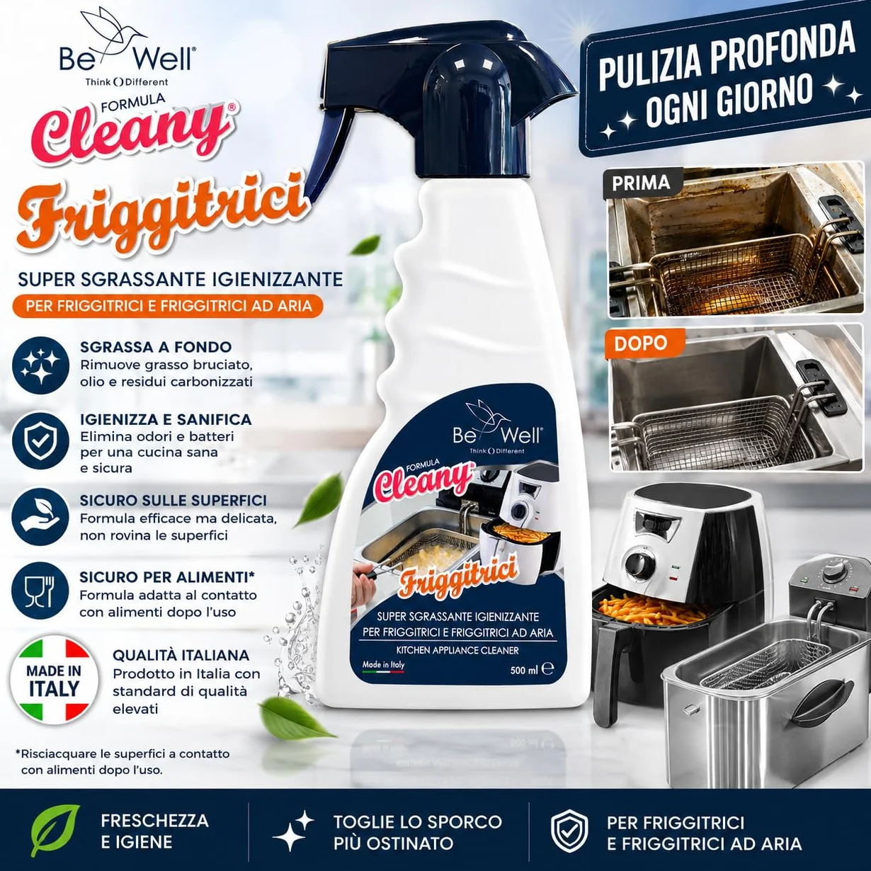 CLEANY Detergente Professionale Spray per Friggitrici, Sgrassante Igienizzante, 500 ml, Made in Italy