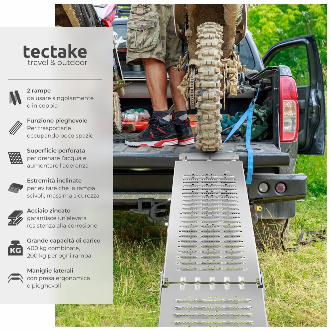 Tectake Rampe di Carico Pieghevoli in Acciaio Zincato 186 cm 400 kg