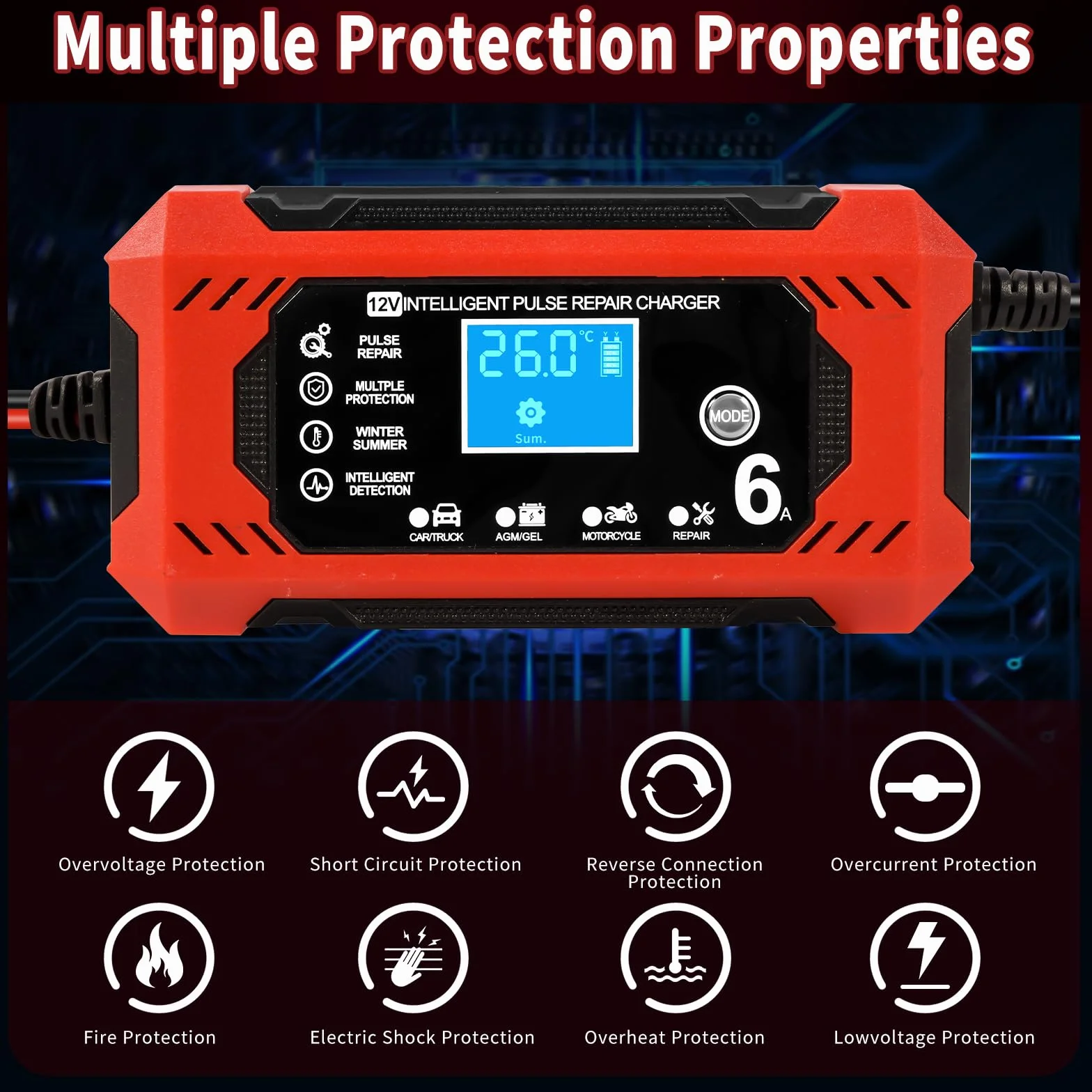 Caricabatterie Auto 6A 12V Mantenitore Batteria Moto con Schermo LCD per Auto Moto Barche AGM