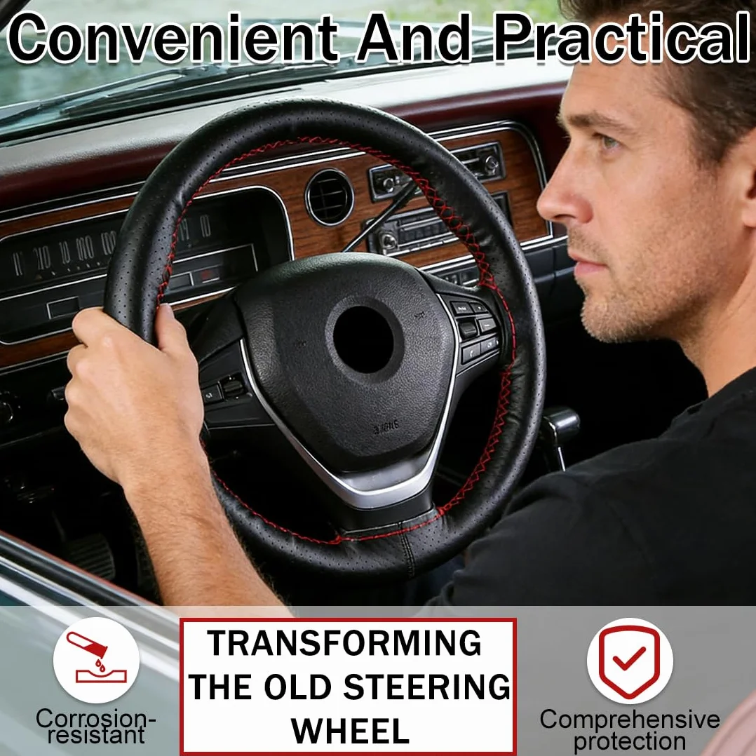 Coprivolante Auto in Pelle da Cucire, Foderatura per Sterzo 38cm con Perforazione Completa e Cucitura Rossa, Kit di Installazione Fai-da-Te per Guida Comoda e Sicura