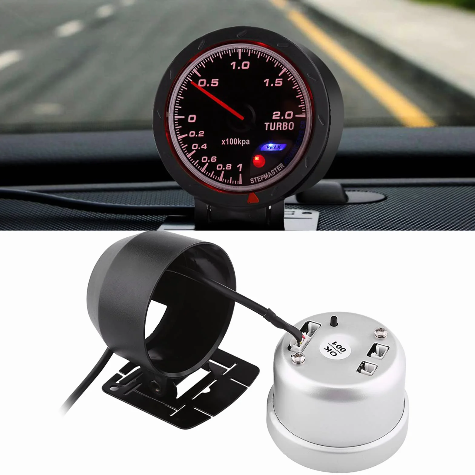 DC 12V 60mm LED Turbo Boost Vacuum Press Gauge Meter Calotta in acciaio inossidabile e piano in vetro