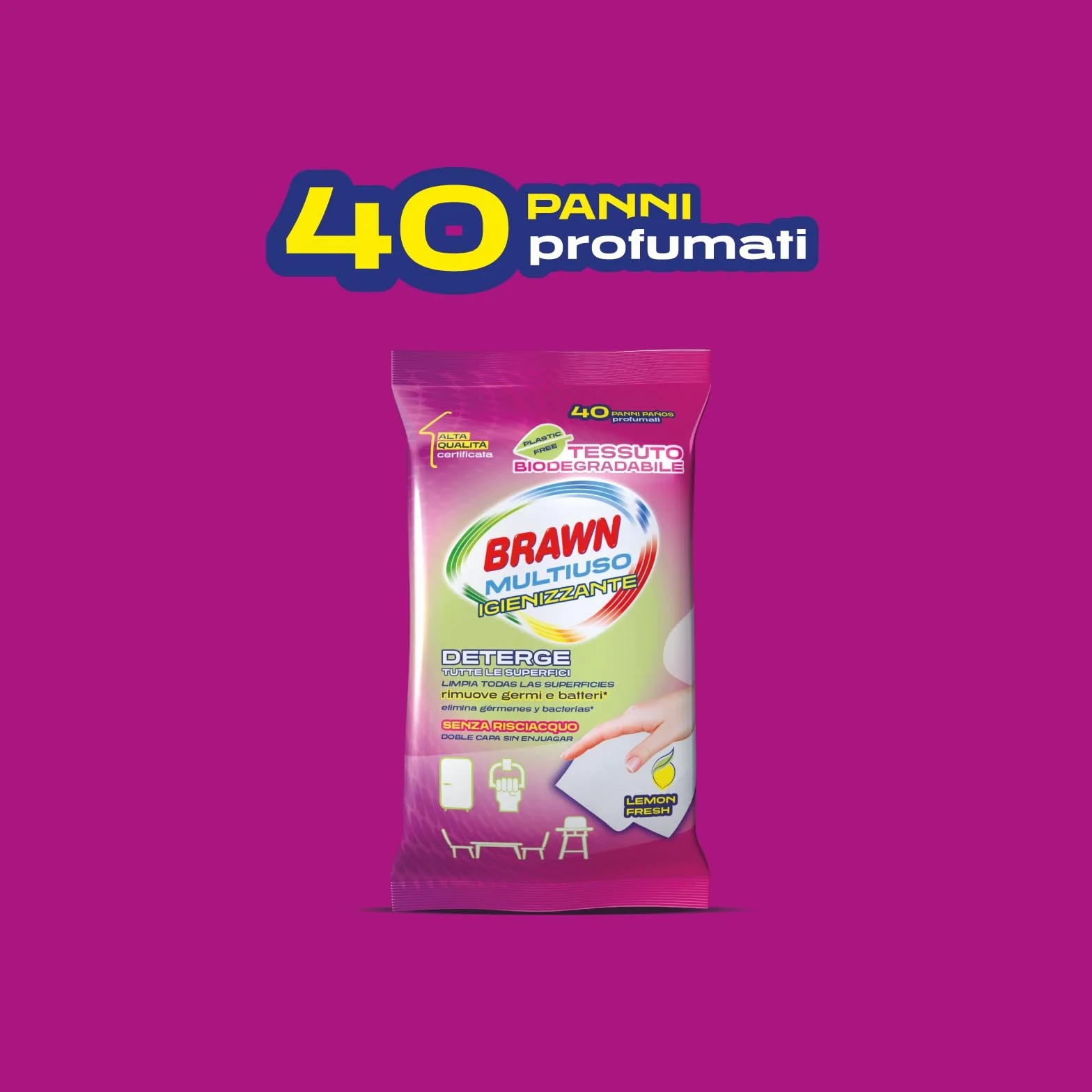 Brawn Multiuso Igienizzante 40 Panni, Detergono Tutte le Superfici, Profumo Lemon, Tessuto Biodegradabile
