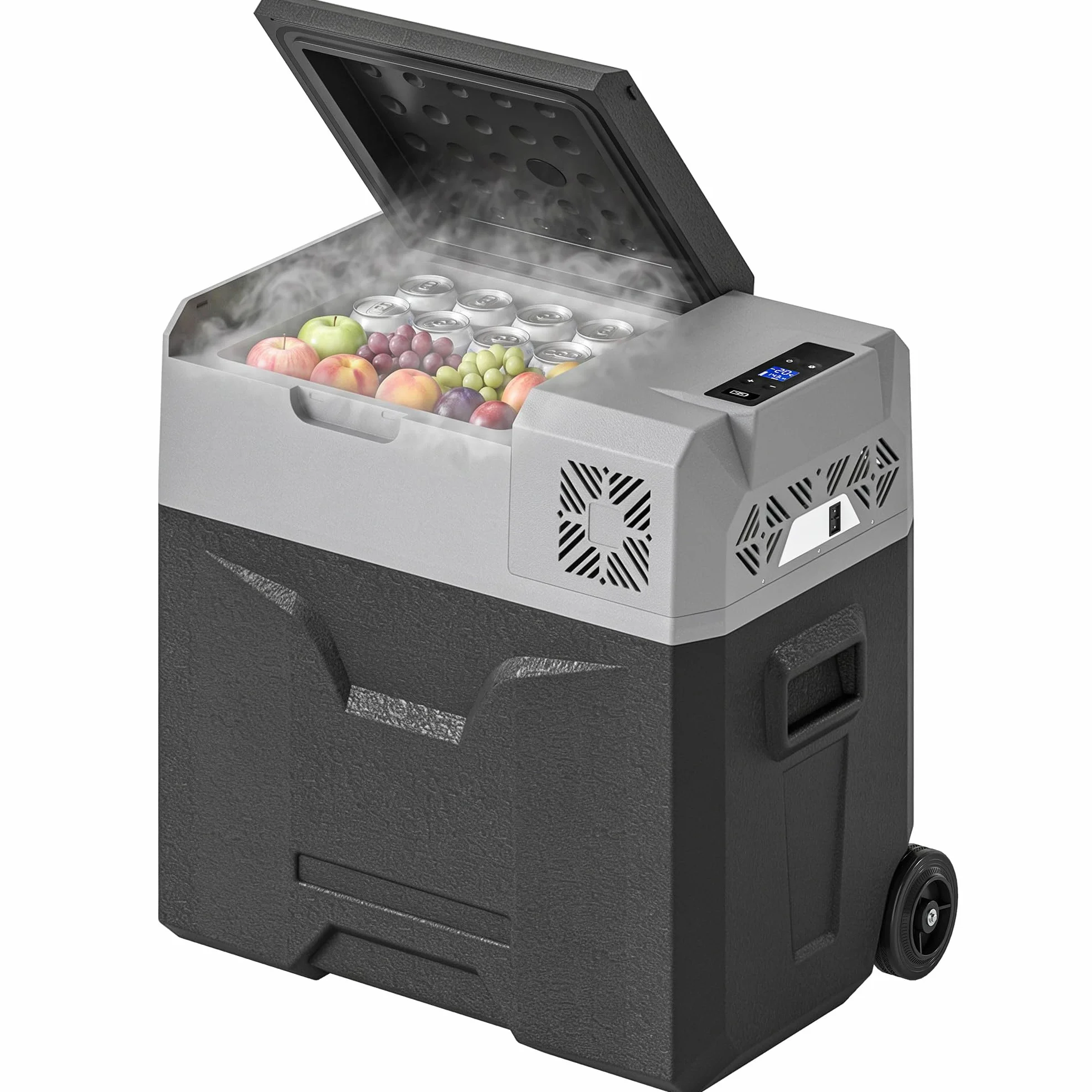 HOMCOM Frigorifero Portatile per Auto 50L 12/24V DC 110-240V AC, Frigo Portatile con Pannello Touch, Maniglia e 2 Rotelle, in Alluminio e Plastica, per Barca, Camper, 58.6x37.8x54.5 cm, Grigio