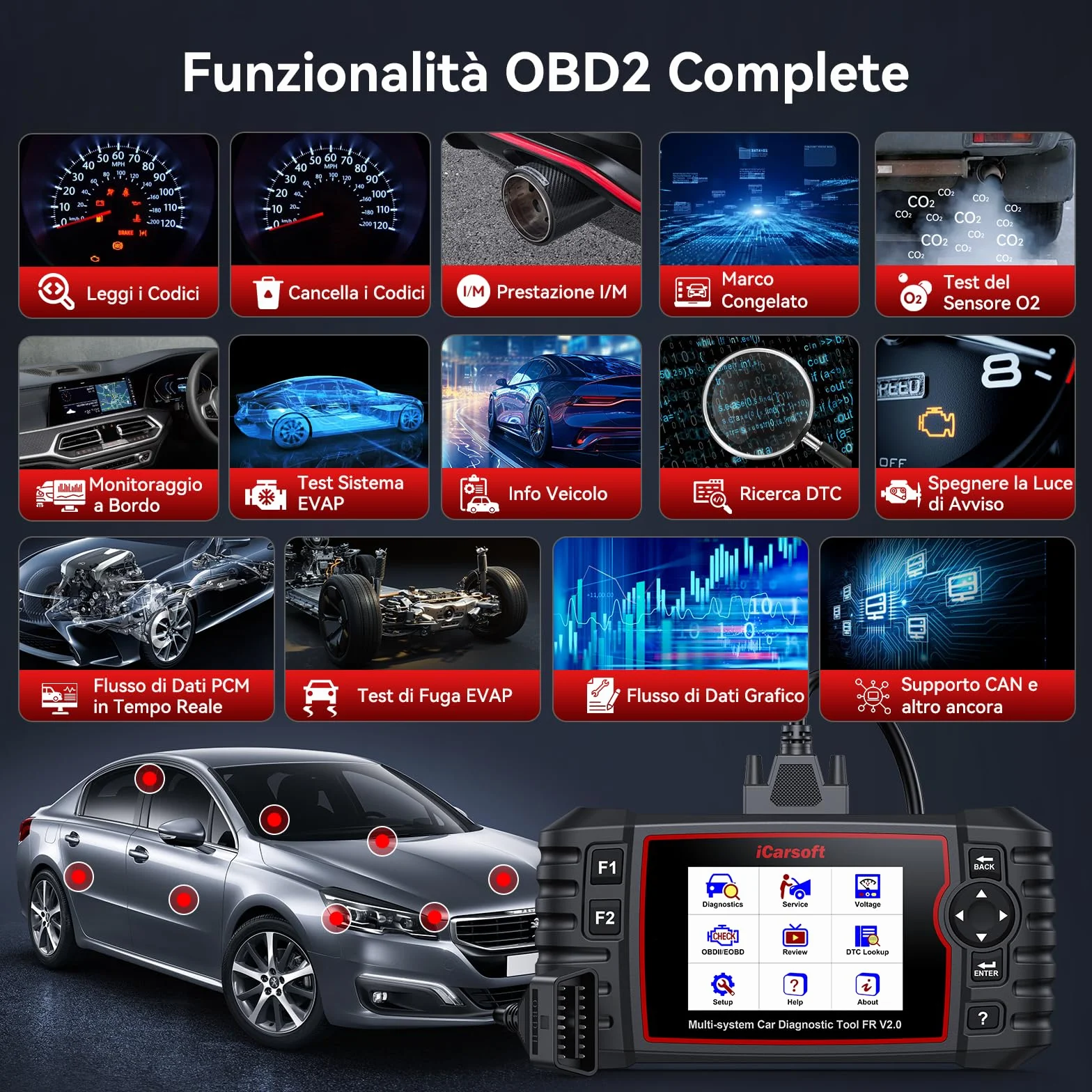 iCarsoft FR V2.0 OBD2 Diagnostica Auto Francesi e Italiani, Tutti i Sistemi, 9 Funzioni Ripristino, Aggiornamento a Vita