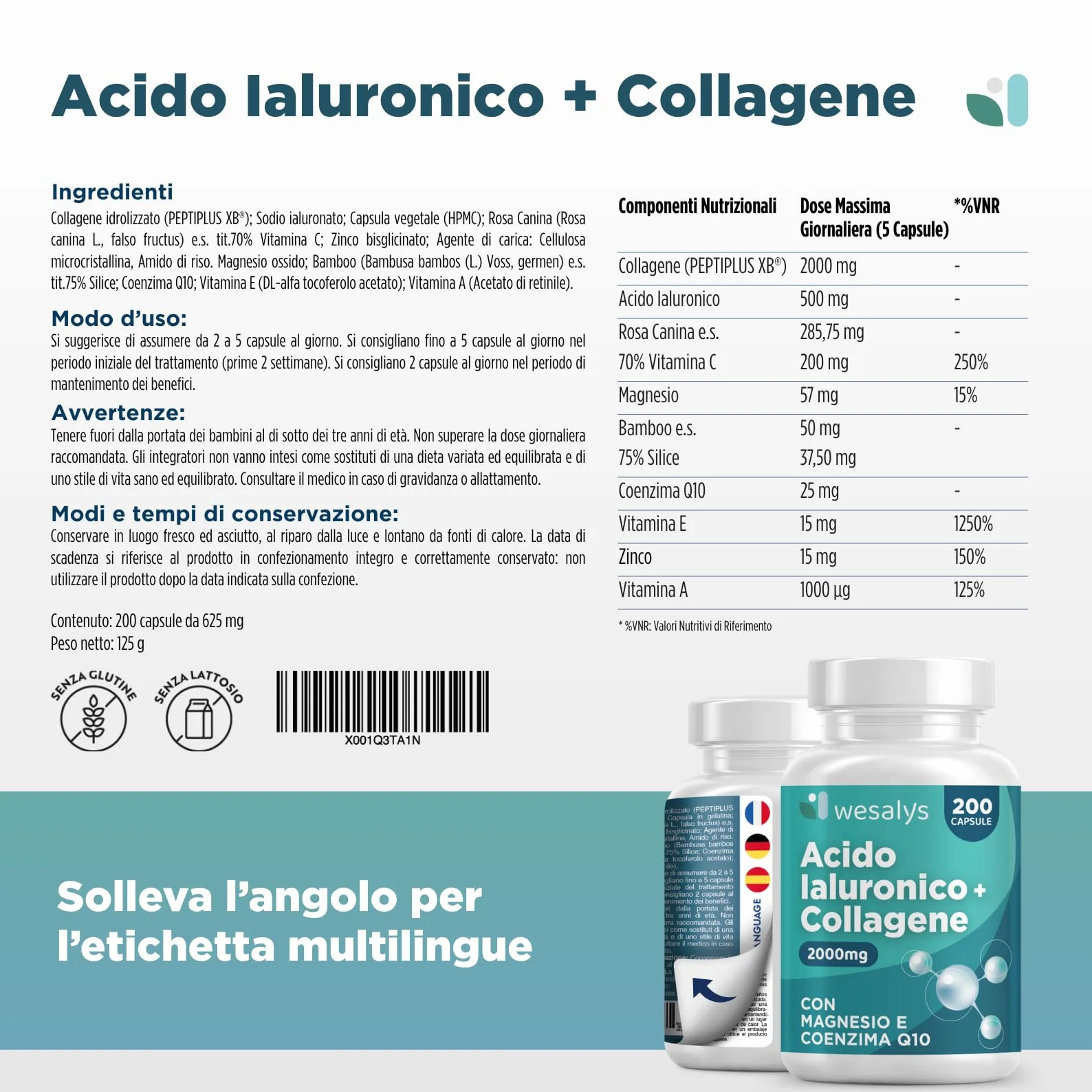Collagene Idrolizzato 2000mg + Acido Ialuronico 500mg 200 Capsule Integratore con Vitamina C Coenzima Q10 Zinco