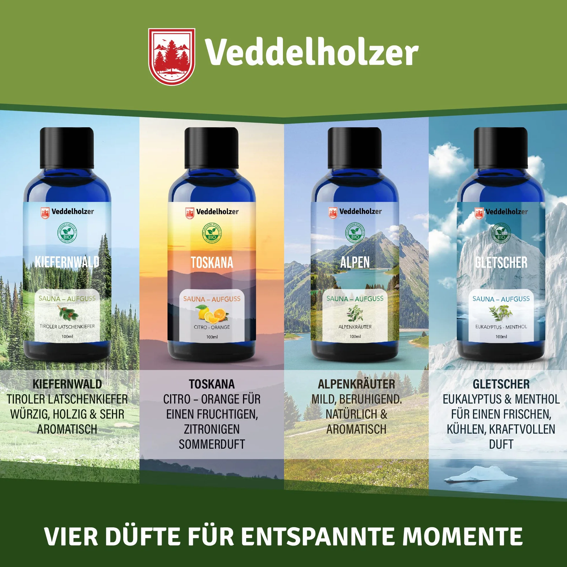 Veddelholzer Infusione per sauna BIO oli essenziali 100% naturali puri 4 x 100 ml set regalo
