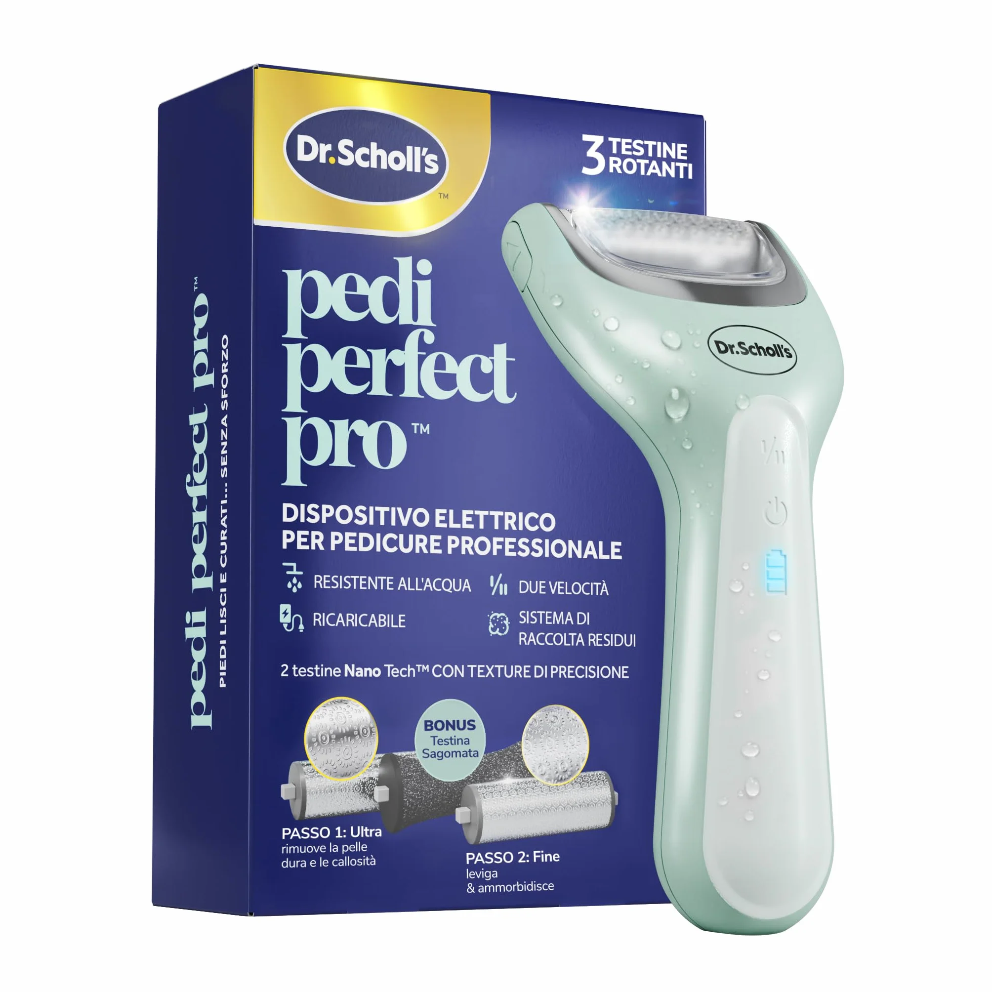 Dr. Scholl's Pedi Perfect Pro Lima Elettrica Pedicure Professionale, Rimuovi Calli e Duroni, Ricaricabile Impermeabile, 3 Rulli