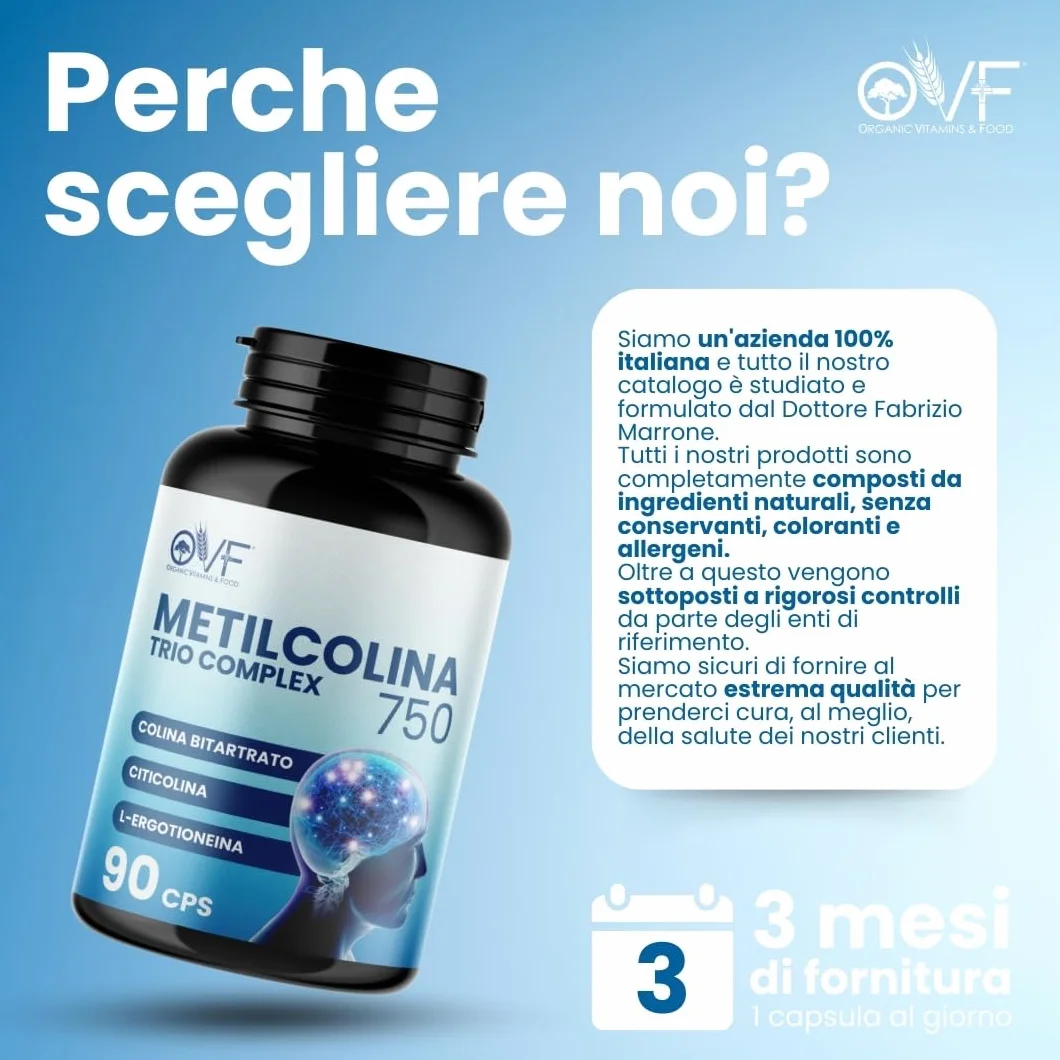 Citicolina Integratore Metilcolina Trio Complex 90 Cps, Supporto Funzioni Cognitive, Nootropico Colina Bitartrato Ergotioneina