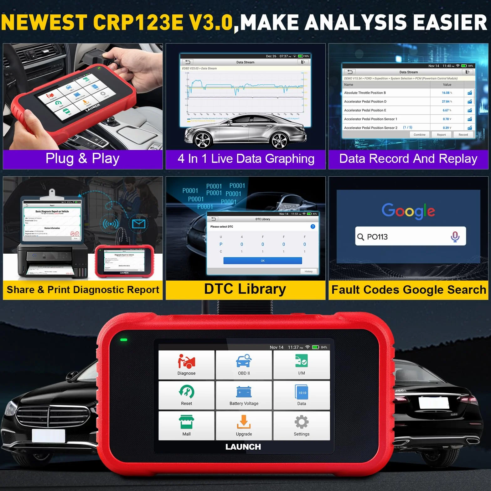 LAUNCH CRP123E V3.0 OBD2 Diagnosi Auto Professionale Italiano Sistema Motore ABS SRS Trasmissione Reset Olio EPB FAP SAS CANFD DOIP