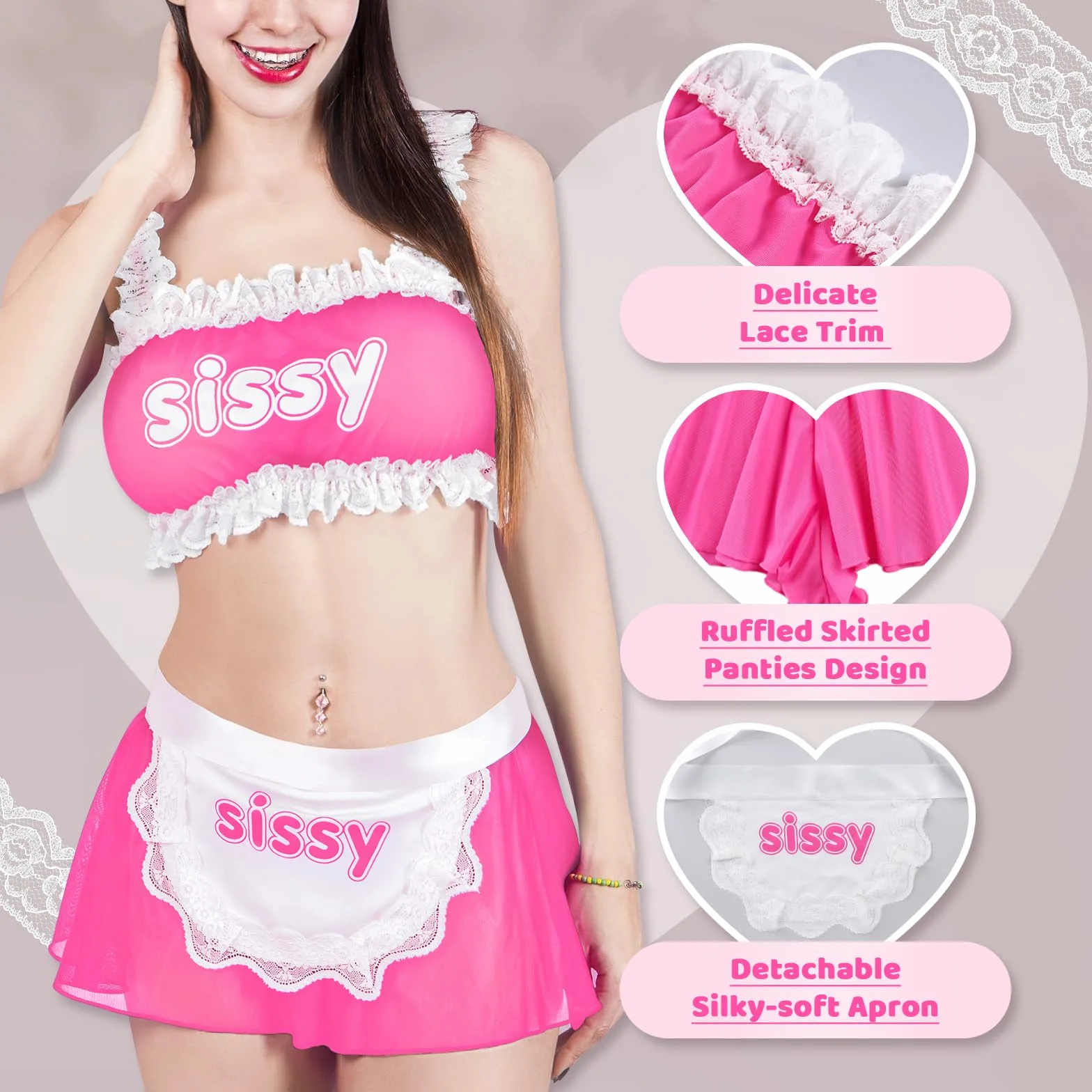 LittleForBig Nastro trasparente Bralette Rocked Panties Set con grembiule rimovibile