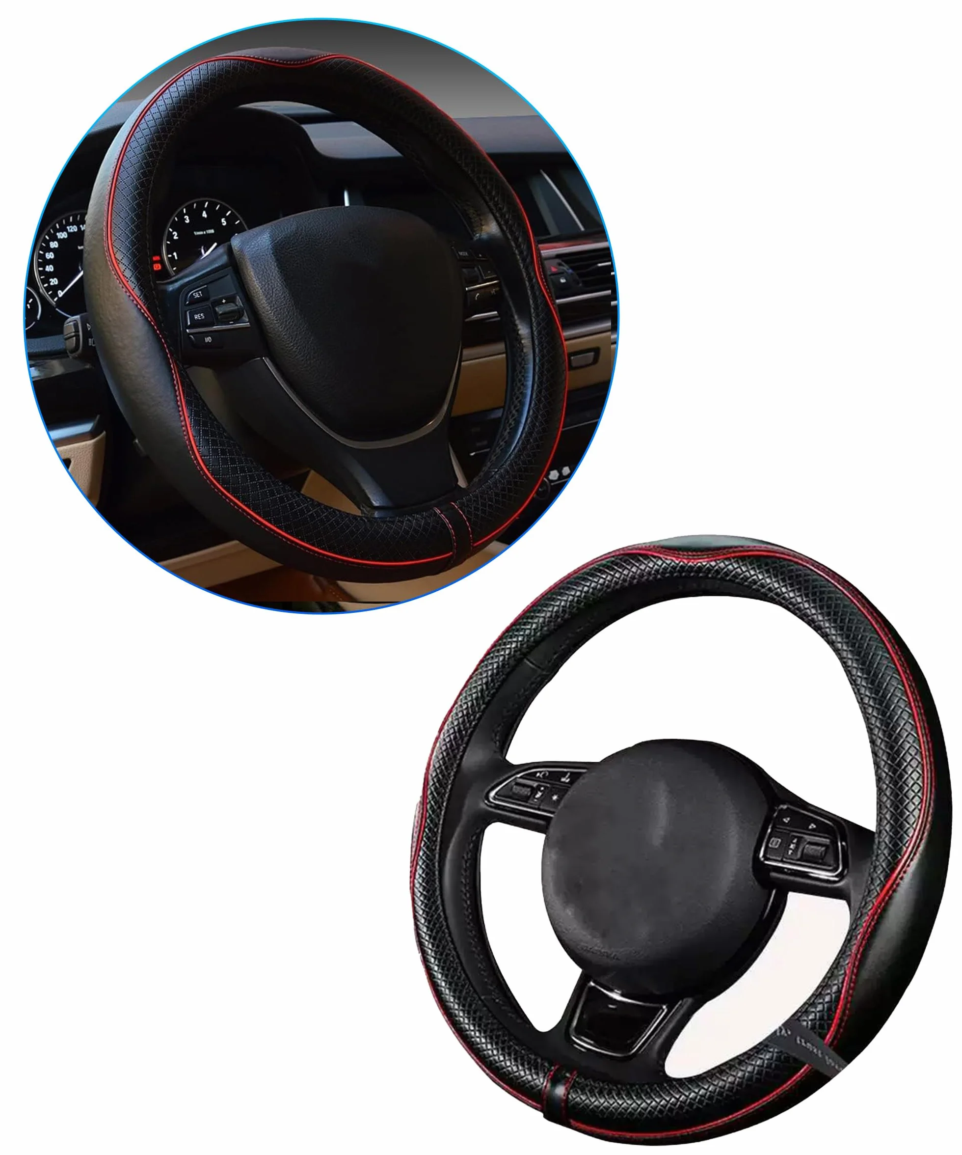 Coprivolanti per Auto,Copri Volante per Auto,Interni Accessori Autos,Universale Copri Sterzo Traspirante e Antiscivolo,Adatto per Volanti con Diametro Esterno da 37 a 38 cm (Nero-Rosso)